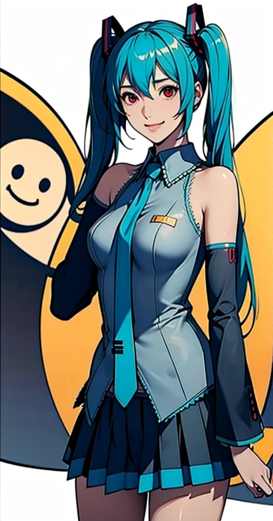 masterpiece, hatsune miku, White shirt, Blue tie, Exposing shoulders, The sleeves are separated, Evil Smiley Face, Dark Skin, Red eyes, Iris, Pupil orange,