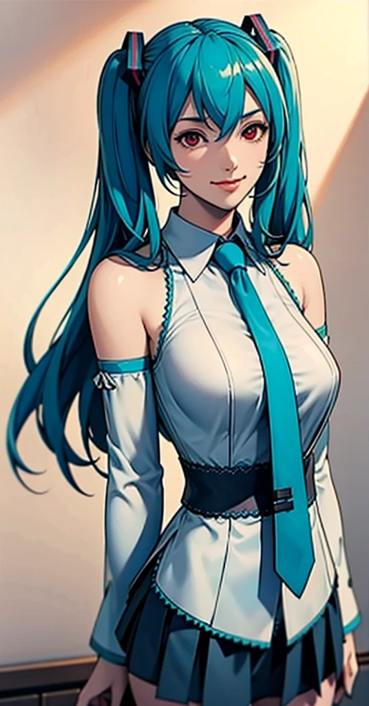 masterpiece, hatsune miku, White shirt, Blue tie, Exposing shoulders, The sleeves are separated, Evil Smiley Face, Dark Skin, Red eyes, Iris, Pupil orange,