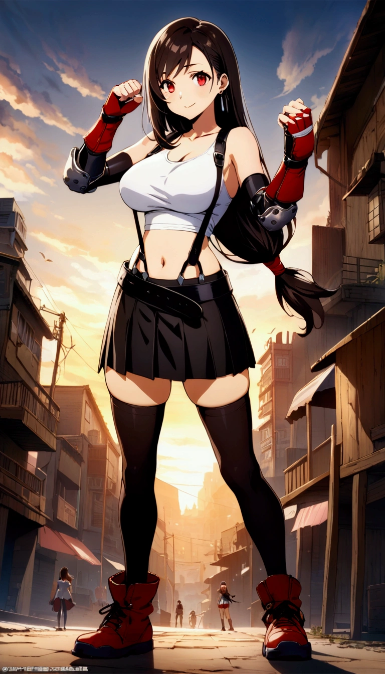 score_9, score_8_up, score_7_up,(best quality,masterpiece),ultra detailed,(aesthetic,very aesthetic),highly detailed),megami_magazine,official art,1girl, tifa lockhart, final fantasy, tareme,black hair, low-tied long hair, red eyes, bangs, white tank top, belt, pleated skirt, thighhighs, elbow fingerless gloves, elbow pads, midriff, navel,suspender skirt . ,(large_breasts:1.2),(perky breasts;1,2),(light smile),panties shot,,Solo,,(daytime and beachside and city),,professional lighting,cinematic lighting,fullbody,fighting pose,fighting stance,