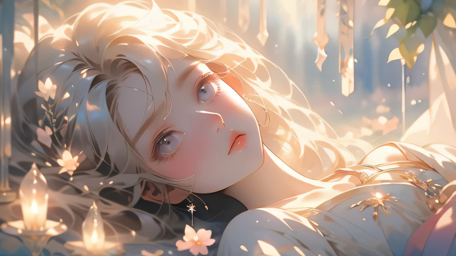 (High quality, 8K), (Soft light), Rainbow Color, One girl, Detailed face, Detailed eyes, watercolor paiting, very magical and dreamy, dreamy and detailed, dreamy atmosphere and drama, Beautiful dreamy lighting, dreamy ambiance, Beautiful atmosphere, Dreamy Romantic, Ethereal dreamy theme, many flowers, flower garden, landscape, sparkle eyes