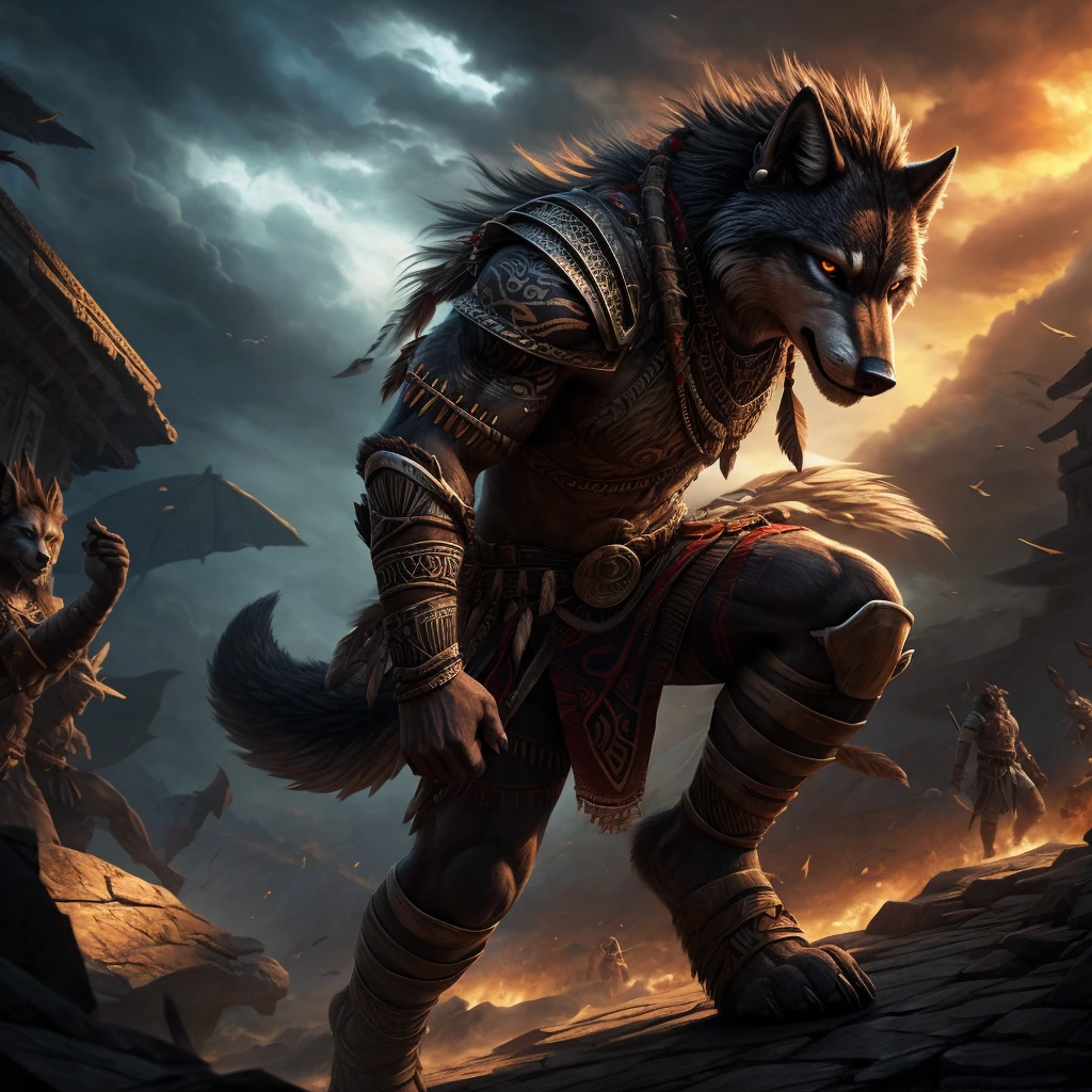 a wolf, furry, tribal, warrior, crowd, detailed portrait, highly detailed face, piercing eyes, detailed fur textures, intricate tribal tattoos, detailed clothing and armor, dynamic action pose, dramatic lighting, moody atmosphere, cinematic composition, vibrant colors, fantasy art style, photorealistic, 8k