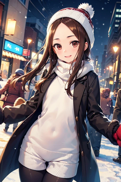 Takagi-san、Shiny brown hair, Long Hair,((Medium chest、Forehead、Center part))、 Beautiful brown eyes、smile、Sparkling eyes, (fine grain)、Very fine eye、Highly detailed face, Highly detailed eyes, Cowboy Shot、 


((masterpiece, Highest quality, High resolution, 超High resolution, Pixel perfect, Depth of written boundary, 4K, RTTX 10.0, High resolution)),
 One girl, single, alone, 24-years-old, Beautiful Anime Girls, Beautiful art style, Anime characters, 
Medium chest, Perfect body,  (Dynamic Angle, throw, close),
 ((winter clothes, Long coat, Knitted hat, Mittens, gloves, Long underwear)), night, City lights, Bokeh:1.4, (Outdoor, City Buildings, crowd), ((winter, Snowfall, The wind is blowing)), ずるいsmile, elegant, Prestigious, wonderful, elegant