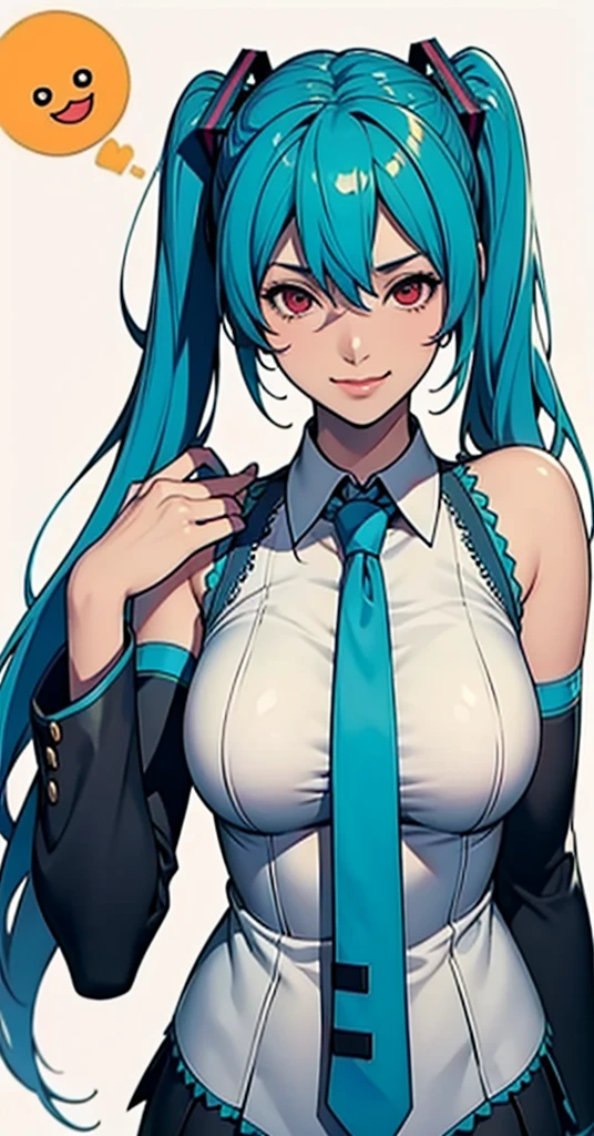 masterpiece, hatsune miku, White shirt, Blue tie, Exposing shoulders, The sleeves are separated, Evil Smiley Face, Dark Skin, Red eyes, Iris, Pupil orange,