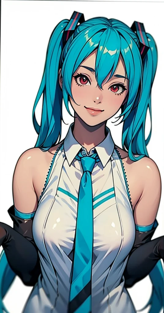 masterpiece, hatsune miku, White shirt, Blue tie, Exposing shoulders, The sleeves are separated, Evil Smiley Face, Dark Skin, Red eyes, Iris, Pupil orange,