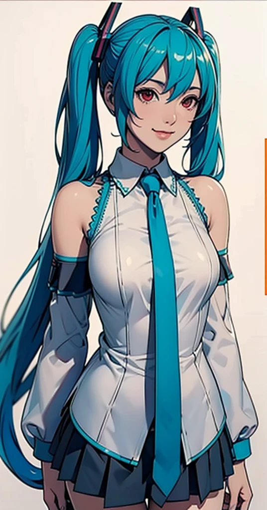 masterpiece, hatsune miku, White shirt, Blue tie, Exposing shoulders, The sleeves are separated, Evil Smiley Face, Dark Skin, Red eyes, Iris, Pupil orange,
