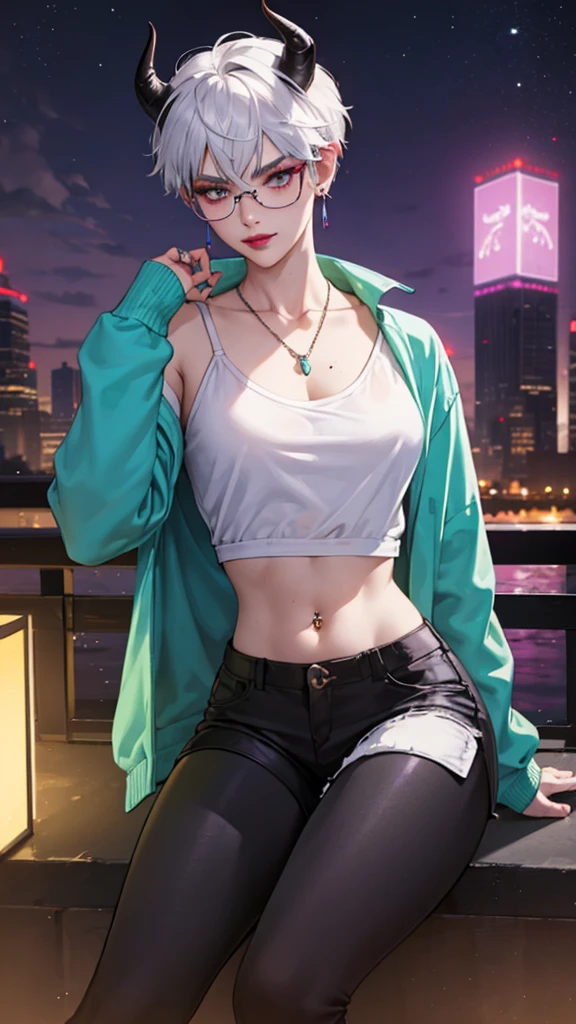 8k, masterpiece, best quality, highly detailed, 1 girl, tiefling, warlock, pixie cut, multicolored hair, very short straight hair green highlight hair on white hair, strippled hair, wearing glasses, round glasses, sexy, earrings, navel piercing, red eyeshadow, long eyelashes, blushed cheek, red lips, necklace, rings, collarbone, mole on face, glamorous, wearing large jacket, teal clothing, purple clothes, smirk, close up view, rings, looking at viewer, demon horns, solo, city, nighttime, standing, white shirt, sneakers, back toward viewer, looking over shoulder, short pants, black legging.