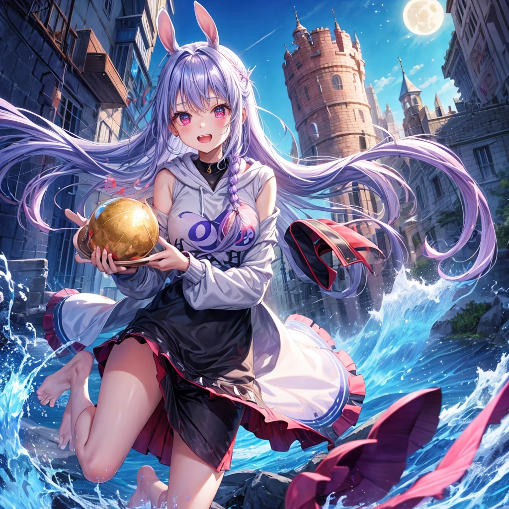 Blue-light purple hair、Red eyes、Braid、One cute girl、solo、And soul、Light clothing、Checked mini skirt、petal、Wet hair、black t-shirts、Rabbit Hoodie、large tree、cloud、Red full moon、desert、barefoot、Stones are piled up、Teeth are visible、Secret Treasure、Fortress City、Tilting face、Pedalling a bicycle、hourglass