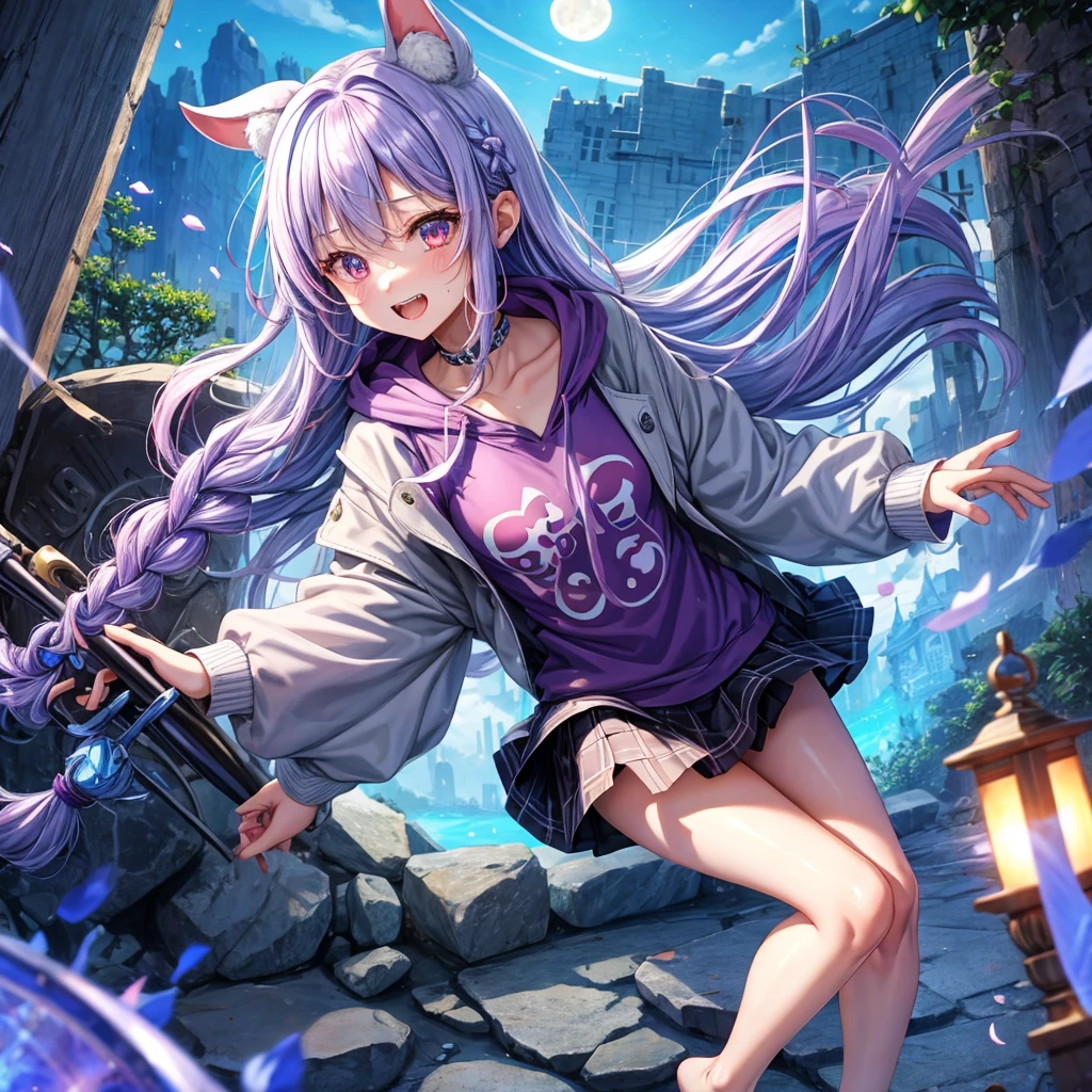 Blue-light purple hair、Red eyes、Braid、One cute girl、solo、And soul、Light clothing、Checked mini skirt、petal、Wet hair、black t-shirts、Rabbit Hoodie、large tree、cloud、Red full moon、desert、barefoot、Stones are piled up、Teeth are visible、Secret Treasure、Fortress City、Tilting face、Pedalling a bicycle、hourglass