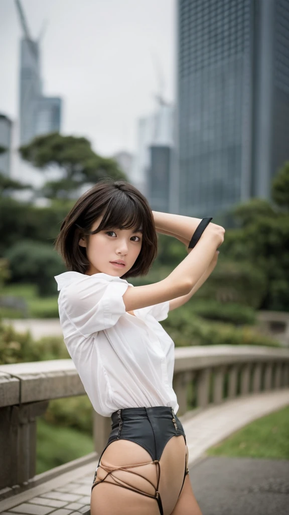 1girl, Very beautiful 20 year old Japanese woman, Very short hair, Imagine, cleveage, wind, Overcast skies, Model-like figure,  external, unbuttoned shirt, Open your legs, High level of image quality, Best image quality, Look at the camera, Focus on the eyes, Bold, Blade Runner, View from below, thigh, butt, 