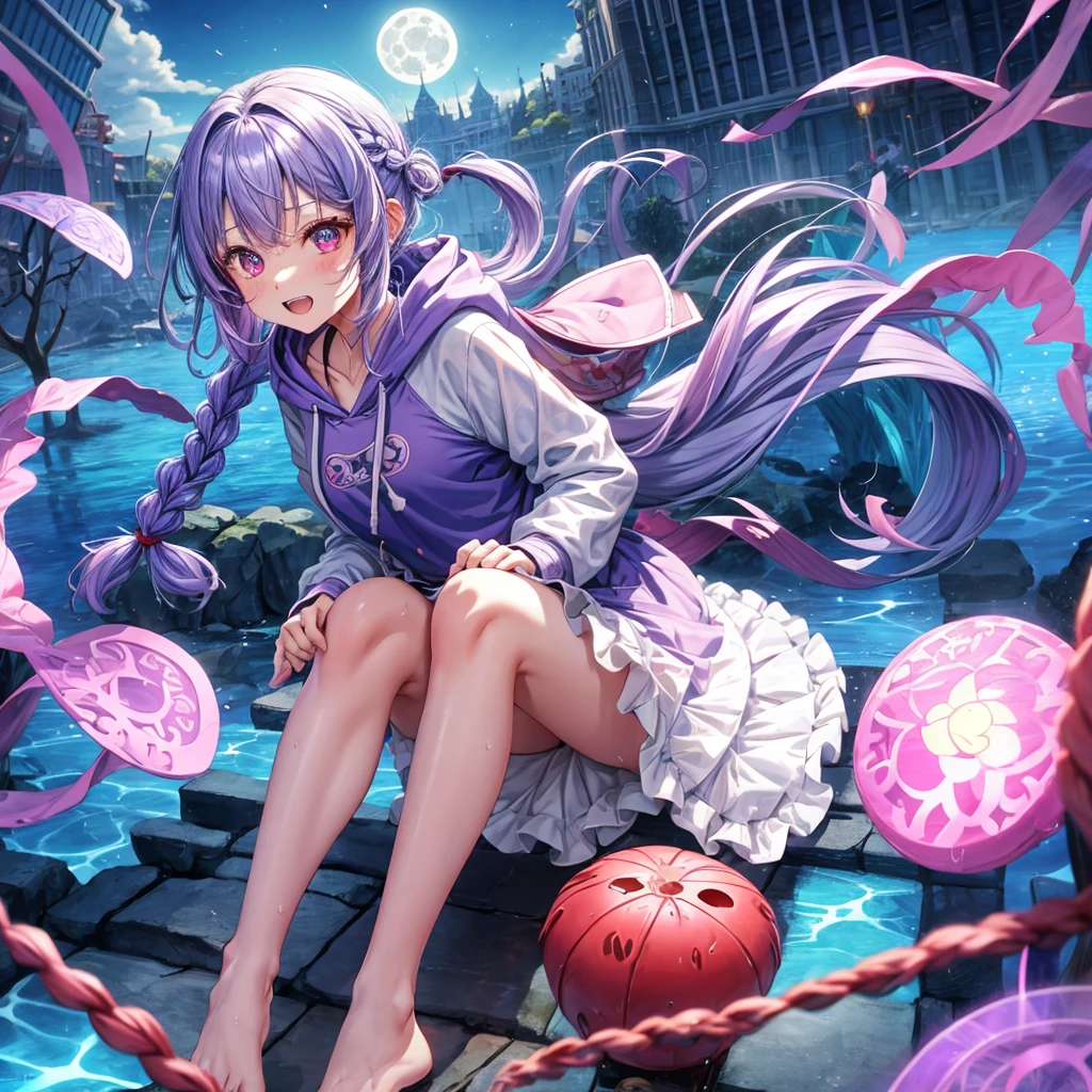 Blue-light purple hair、Red eyes、Braid、One cute girl、solo、And soul、Light clothing、Checked mini skirt、petal、Wet hair、black t-shirts、Rabbit Hoodie、large tree、cloud、Red full moon、desert、barefoot、Stones are piled up、Teeth are visible、Secret Treasure、Fortress City、Tilting face、Pedalling a bicycle、hourglass
