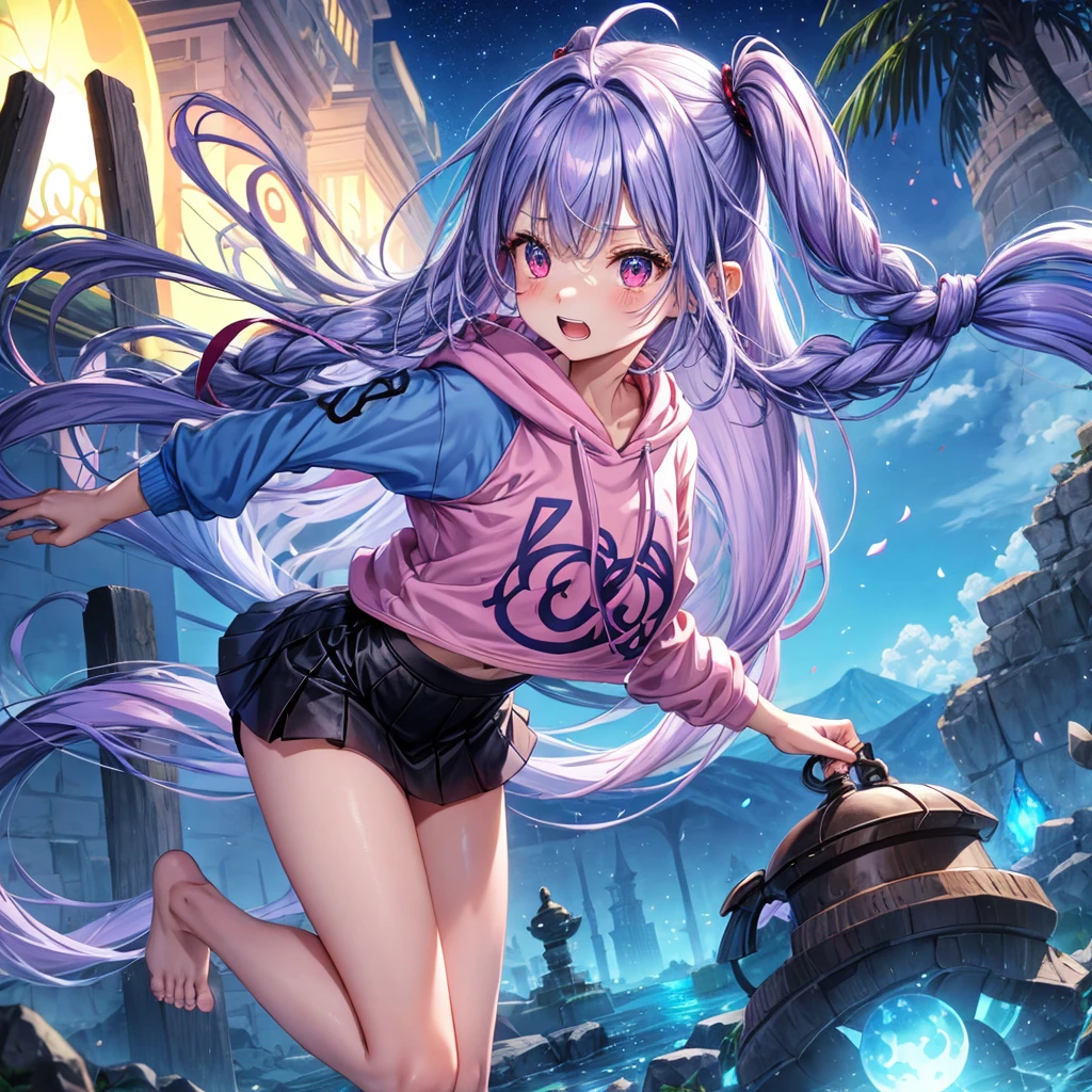 Blue-light purple hair、Red eyes、Braid、One cute girl、solo、And soul、Light clothing、Checked mini skirt、petal、Wet hair、black t-shirts、Rabbit Hoodie、large tree、cloud、Red full moon、desert、barefoot、Stones are piled up、Teeth are visible、Secret Treasure、Fortress City、Tilting face、Pedalling a bicycle、hourglass
