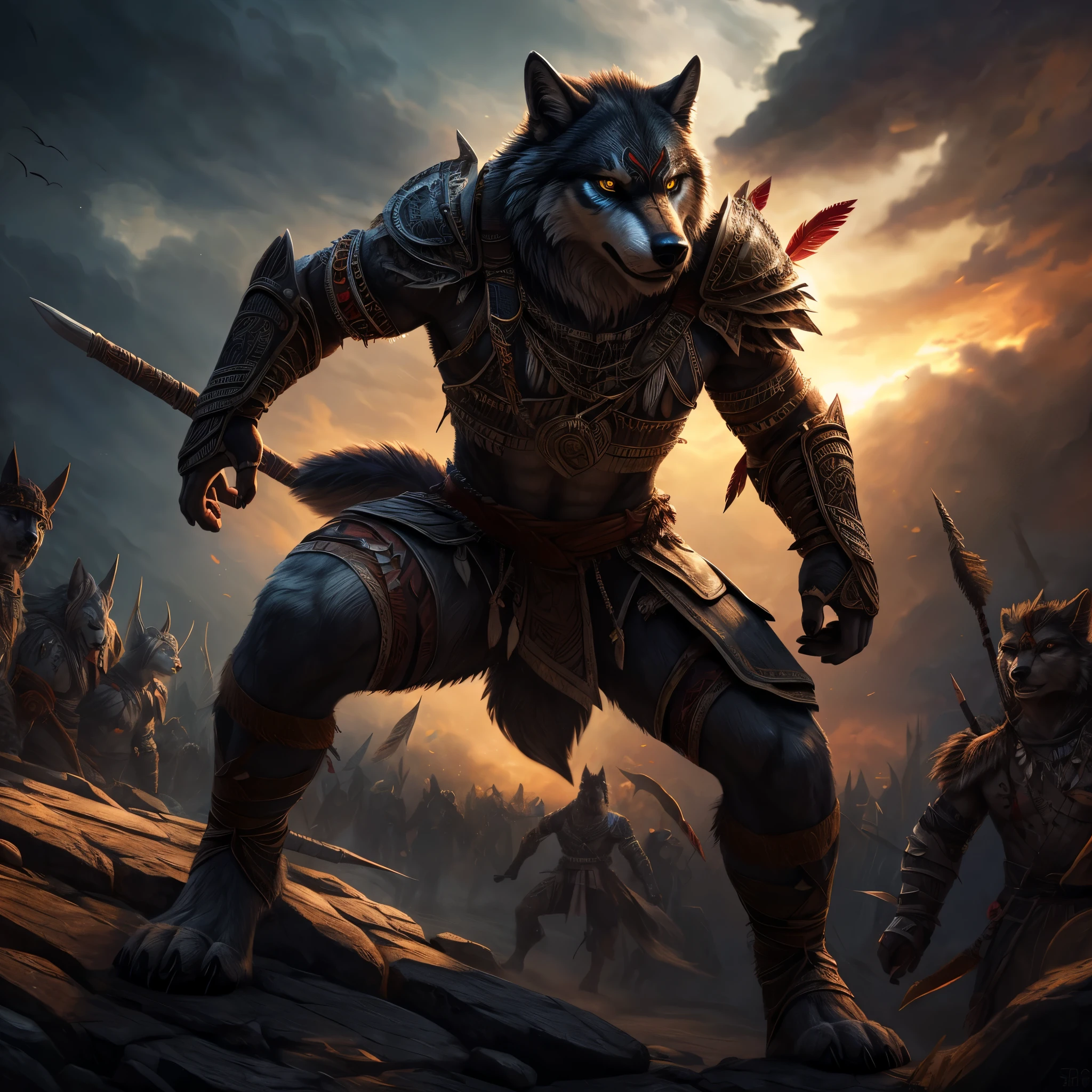 a wolf, furry, tribal, warrior, crowd, detailed portrait, highly detailed face, piercing eyes, detailed fur textures, intricate tribal tattoos, detailed clothing and armor, dynamic action pose, dramatic lighting, moody atmosphere, cinematic composition, vibrant colors, fantasy art style, photorealistic, 8k