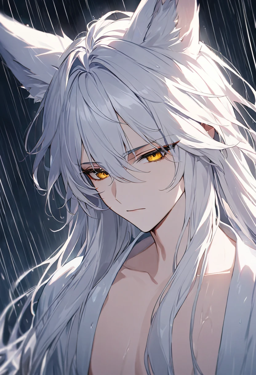 ((Highest quality)), ((masterpiece)), (detailed), ((Perfect Face))、Miyabi,male, Long Hair、Flowing silver hair and delicate strands.
sharp, sharp golden eyes. Has fox ears on top of his head.
Serious and a little mysterious.Pale and smooth.
She is wearing a robe with a slightly open chest.,
The characters exude elegance and strength., Has a calm and mysterious feel. The lighting accentuates his facial features and the texture of his hair., create software, An almost ethereal glow.、He came to pick me up in the rain with an umbrella.