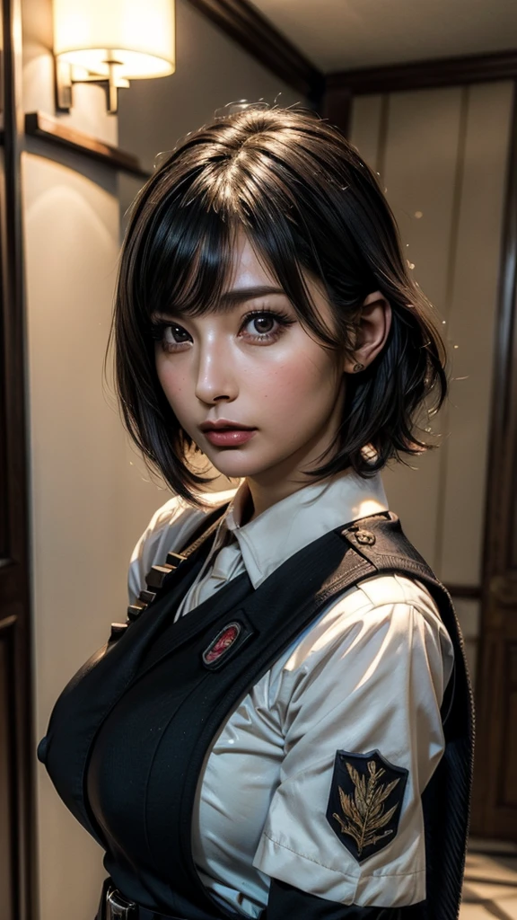 ((Beautiful Face:1.2)), (Purelos Face_v1: 1.0), Half Body,(Highest Resolution, clear_image) Highest quality, Single, One Woman, alone, masterpiece, Very detailed, (realistic), Black short hair, Black Hair, bangs, mature, ((JSDF uniform)), Indoor Background, kind, Authoritative, Powerful, Exquisite facial features, Exquisite facial features,((Natural big breasts:1.2))