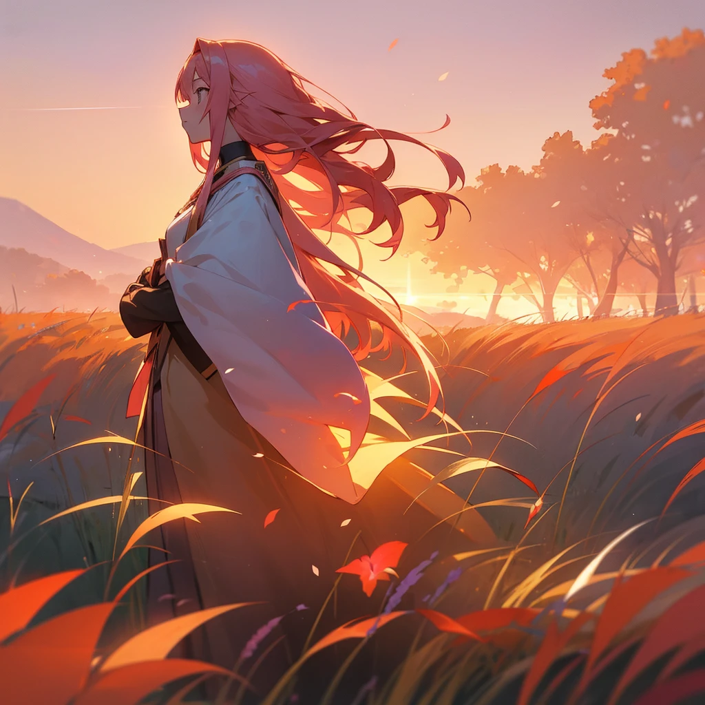 A breathtaking anime landscape of a vast field of wildflowers bathed in the golden light of the setting sun. A lone anime girl with long, flowing pink hair stands in the foreground, gazing out at the horizon.