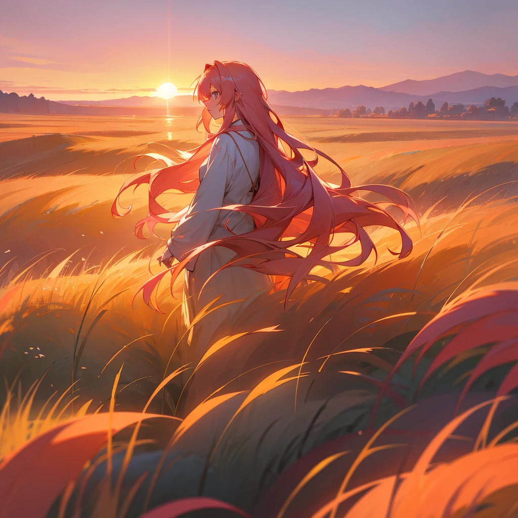 A breathtaking anime landscape of a vast field of wildflowers bathed in the golden light of the setting sun. A lone anime girl with long, flowing pink hair stands in the foreground, gazing out at the horizon.