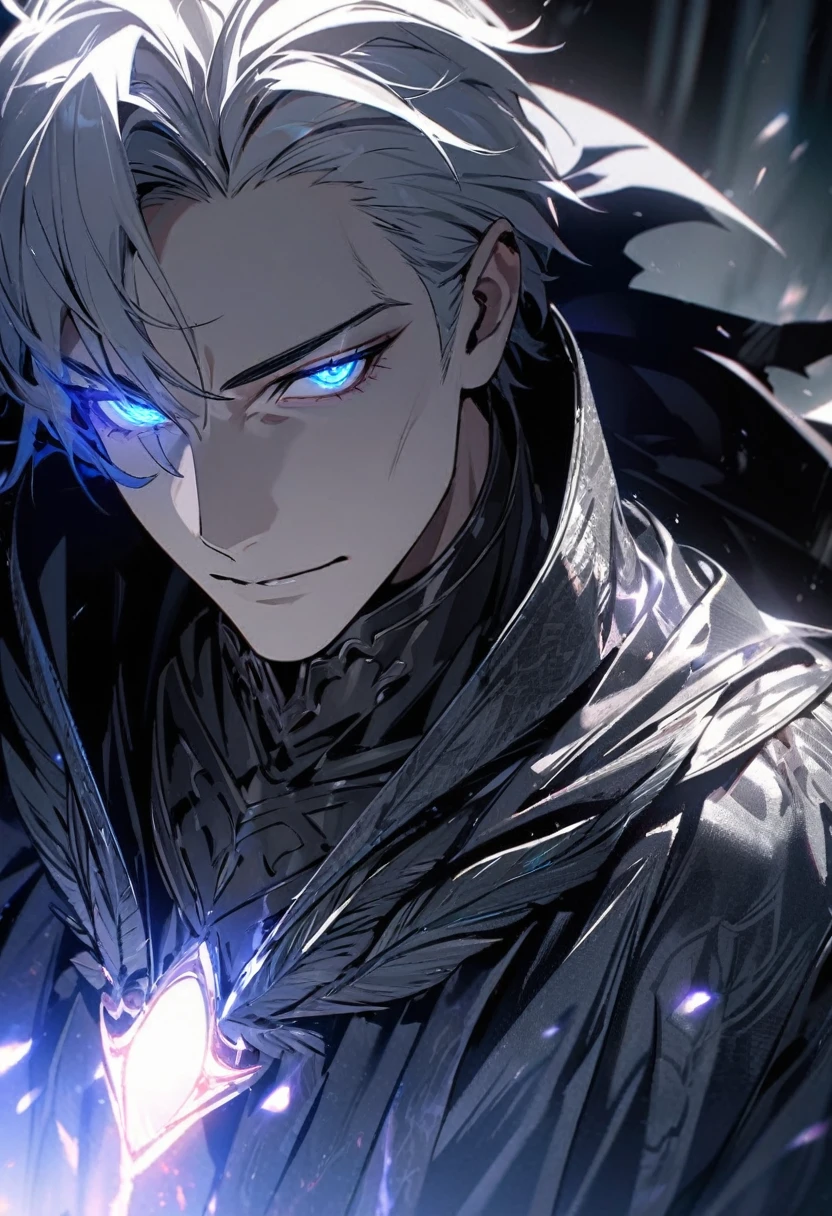 male, solo, handsome, silver hair, shadow, experienced, dark silver general cloak, blue eyes, beautiful eyes, glowing eyes, high detail, masterpiece, villain, middle-age, silver aura, holo, macro picture, mature, anti hero, parted bang, feather on shirt,