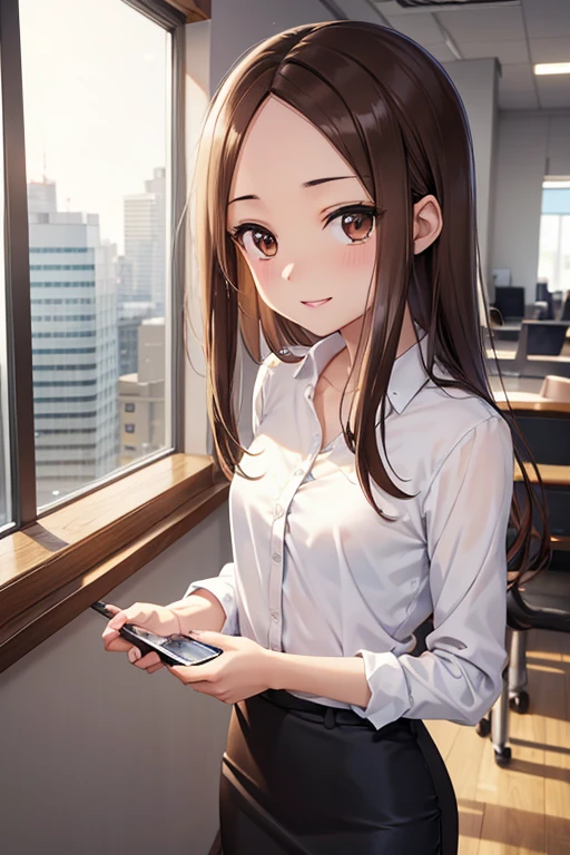 Takagi-san、Shiny brown hair, Long Hair,((Medium chest、Forehead、Center part))、 Beautiful brown eyes、smile、Sparkling eyes, (fine grain)、Very fine eye、Highly detailed face, Highly detailed eyes, Cowboy Shot、
1 Woman Standing, /(casual shirt/) (Black Pencil Skirt:1.1) /(ID card strap/),
Mature Woman, /Moaning, Release your lips, blush, sexy,
(Masterpiece Top quality:1.2) Delicate illustration super detailed BREAK /(Modern office indoors/), Skyscraper with windows