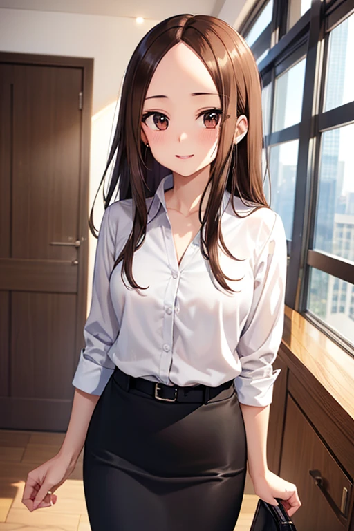 Takagi-san、Shiny brown hair, Long Hair,((Medium chest、Forehead、Center part))、 Beautiful brown eyes、smile、Sparkling eyes, (fine grain)、Very fine eye、Highly detailed face, Highly detailed eyes, Cowboy Shot、 


1 Woman Standing, /(casual shirt/) (Black Pencil Skirt:1.1) /(ID card strap/), 
Mature Woman, /Moaning, Release your lips, blush, sexy,
 (Masterpiece Top quality:1.2) Delicate illustration super detailed BREAK /(Modern office indoors/), Skyscraper with windows