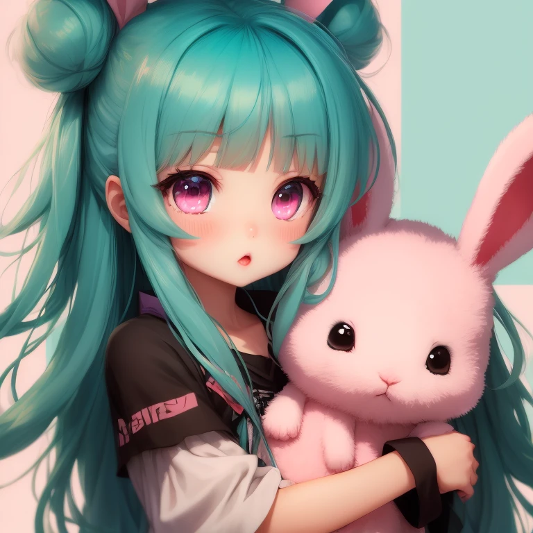 small anime girl, long teal hair, pink eyes, (hugging a bunny),Emoticon packages, color palette pink teal and white