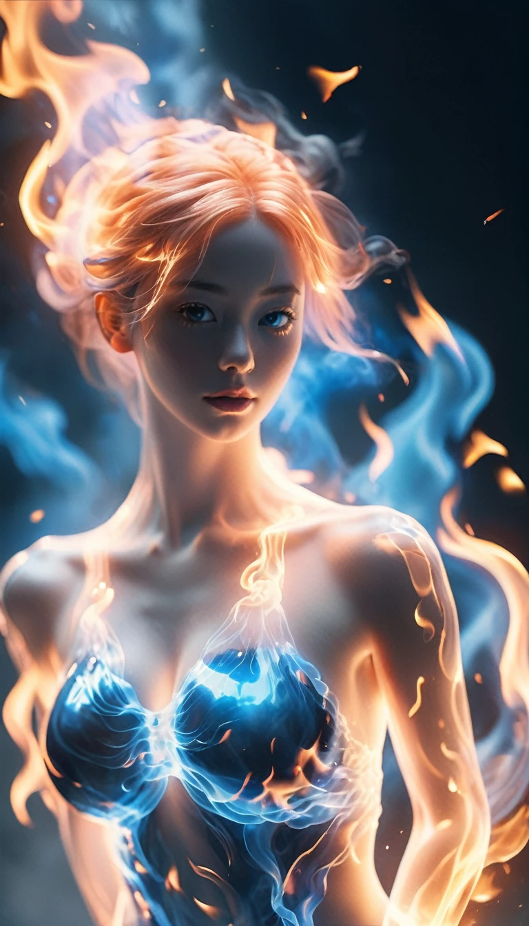 (Fire Element:1.1),由Fire Element组成,(1 big breasted girl:1.2),on fire,transparency,hot,(Molten Rock),Flame skin,Flame print,Flaming hair,smokes,cloud,Chopping,,Girl wrapped in flames, The flames soared and sparked,Burning hands,Translucent glow,Highly realistic,Beautiful posture,transparency,Sci-fi lighting effects,(Luminous circuit board:1.6),long blue,