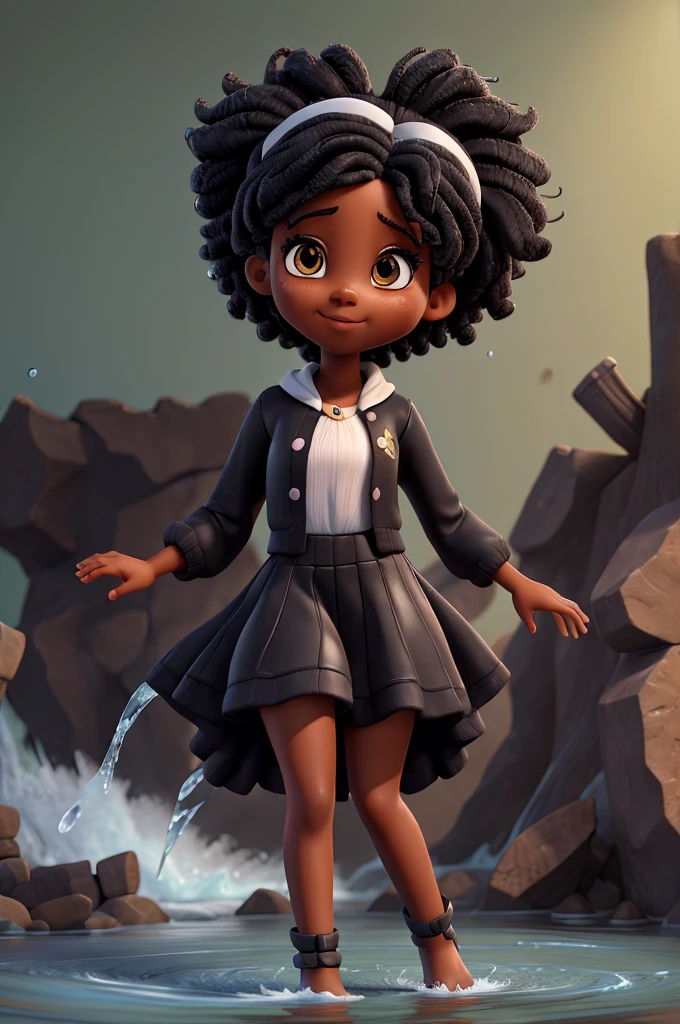 cartoon black girl, Q version 3d rendering, Lovely and detailed digital art,。HD hand-painted scene original painting 4k high resolution water splash elements