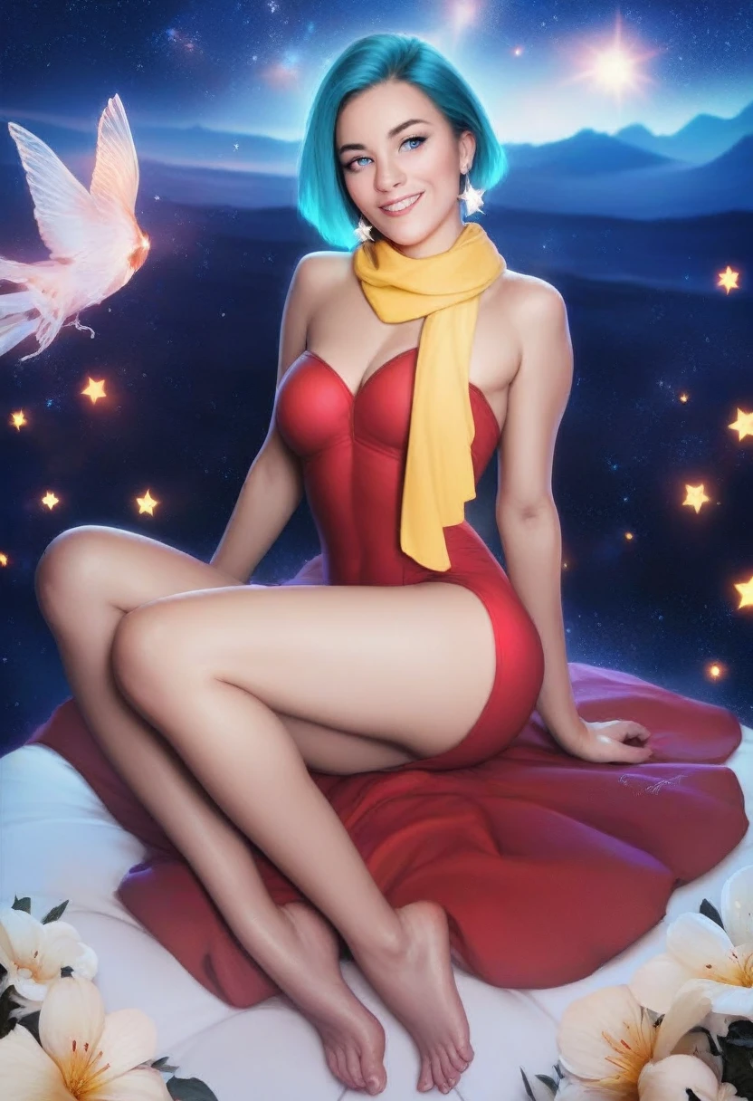 masterpiece, best quality, highest quality, (perfect illumination), (photorealistic), perfect anatomy, perfect face, perfect eyes, 
 bulmadbzreddress, aqua hair, short hair,  blue eyes, earrings, red dress, yellow scarf, beautiful night, sitting down gazing at stars smiling,full body naked