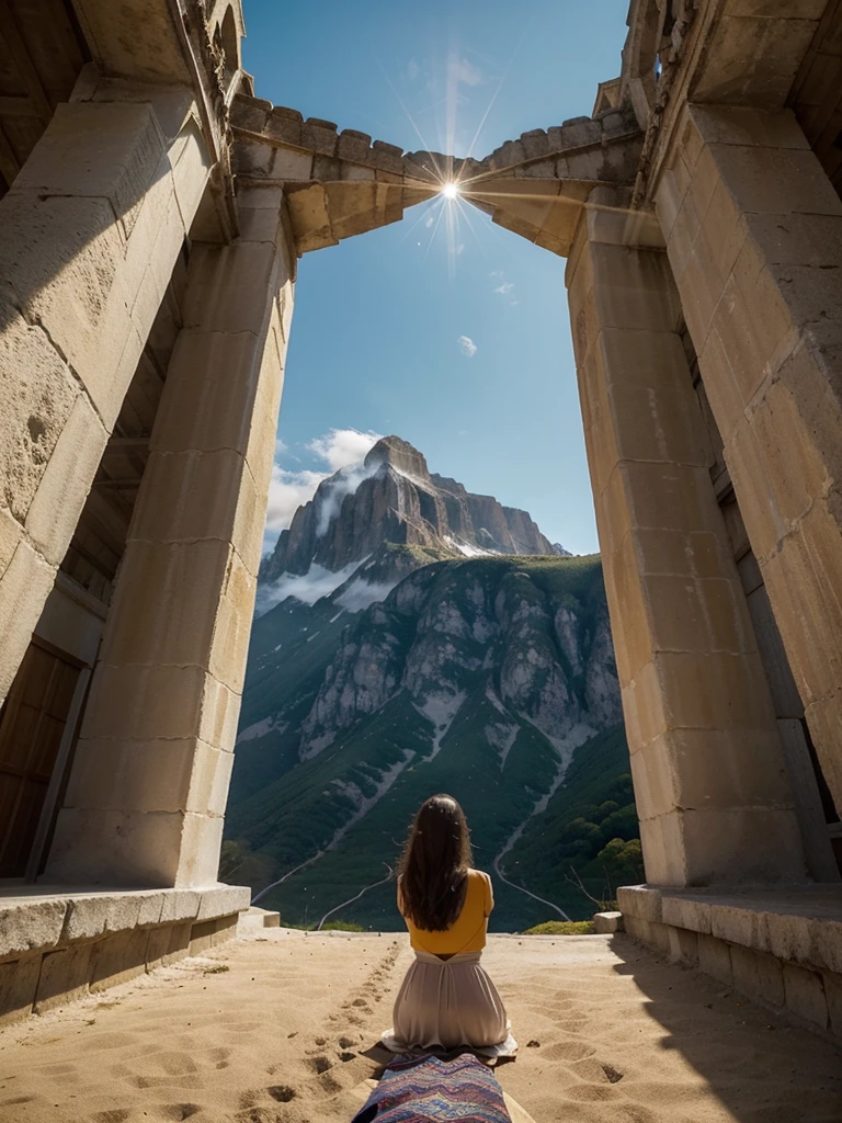 The scene should be depicted from a low-angle point of view, giving the impression that the viewer is looking up alongside a group of people. The group should be standing on a beach or near the sea, their silhouettes facing towards a distant, majestic mountain.
The mountain, which dominates the background, should have a soft, radiant light at its peak, symbolizing divine glory and spiritual aspiration. The light should create a focal point that draws the eyes upward, encouraging a sense of hope and spiritual elevation. The group of people, shown from behind, should be diverse, representing a community journeying together towards this spiritual goal. Their body language should convey anticipation, unity, and reverence, as they collectively gaze toward the mountain’s summit.
The color palette should transition smoothly from deep, serene blues at the bottom (representing the sea and the depth of spiritual contemplation) to warm, golden oranges and soft yellows at the top, where the mountain’s peak is bathed in light. This gradient should symbolize the journey from the quiet, introspective moments of faith to the bright, empowering experience of reaching toward God’s light. The overall composition should evoke a sense of shared purpose and the powerful transformation that comes from rising together toward a divine goal.