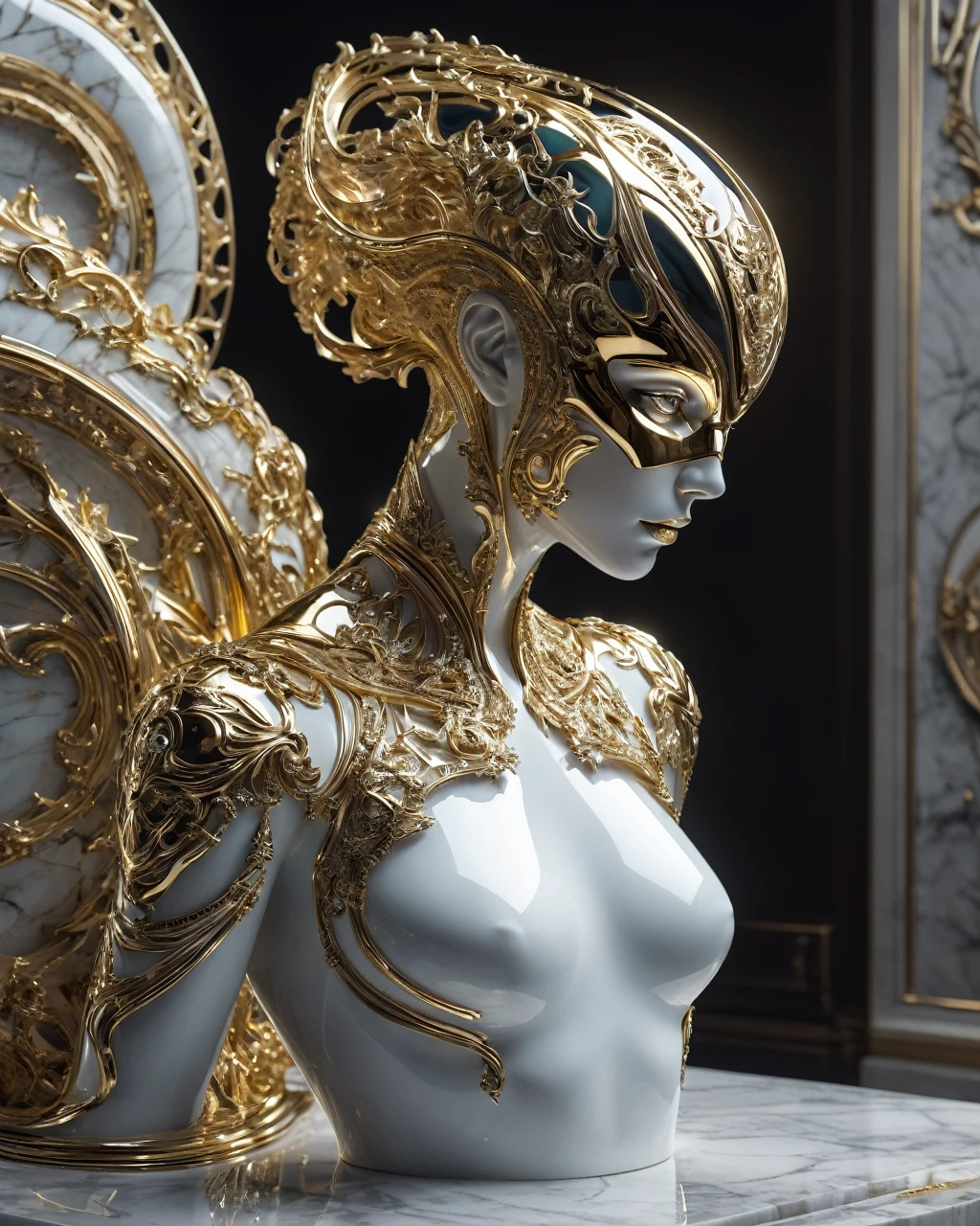 photo, 8K ((Surrealism)) Alien marble sculpture scene statue, complex, elegant, Very detailed, majestic, digital photography, art by artgerm and ruan jia and greg rutkowski Surrealism painting gold and siver  filigree, shattered glass, (masterpiece, Side Light, HDR, Practical, High Definition