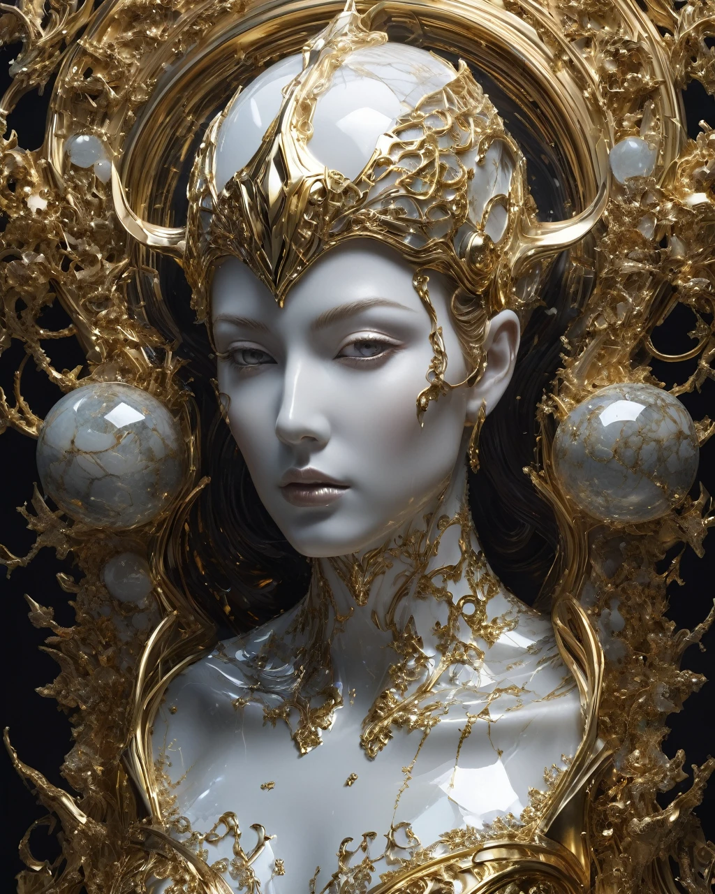 photo, 8K ((Surrealism)) Alien marble sculpture scene statue, complex, elegant, Very detailed, majestic, digital photography, art by artgerm and ruan jia and greg rutkowski Surrealism painting gold and siver  filigree, shattered glass, (masterpiece, Side Light, HDR, Practical, High Definition