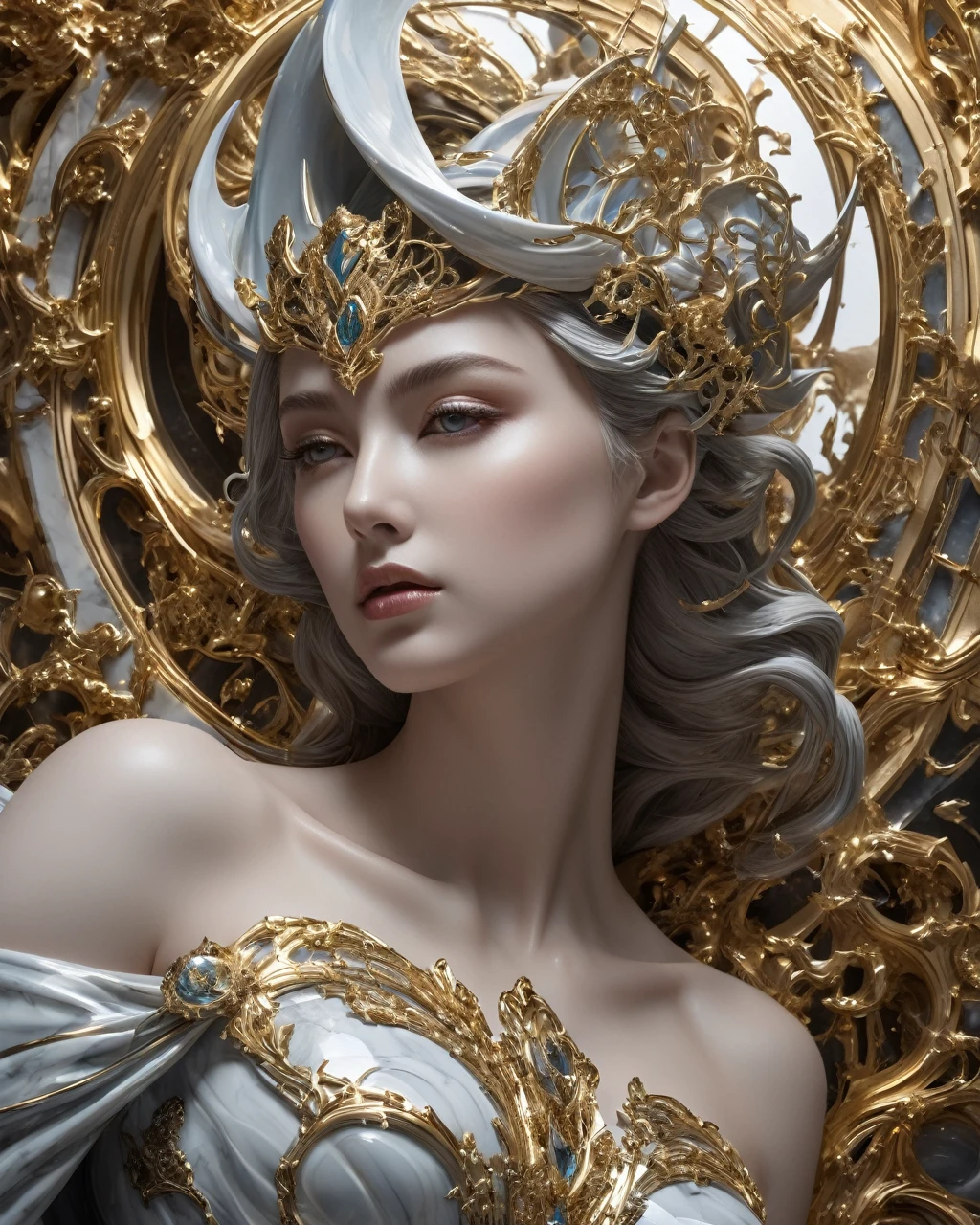 photo, 8K ((Surrealism)) Alien marble sculpture scene statue, complex, elegant, Very detailed, majestic, digital photography, art by artgerm and ruan jia and greg rutkowski Surrealism painting gold and siver filigree, shattered glass, (masterpiece, Side Light, HDR, Practical, High Definition