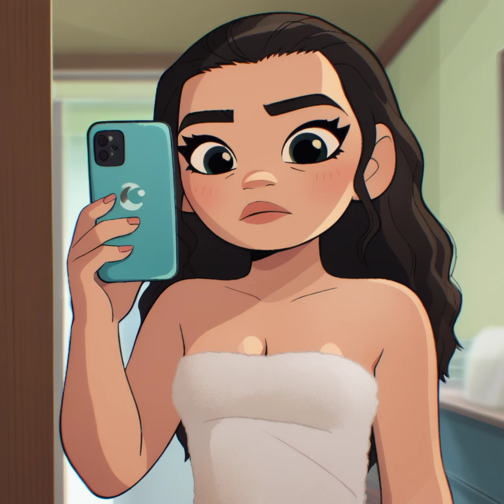 score_9_presence, score_8_up, Moana, wrapped in towel, medium breasts, cleavage, holding phone