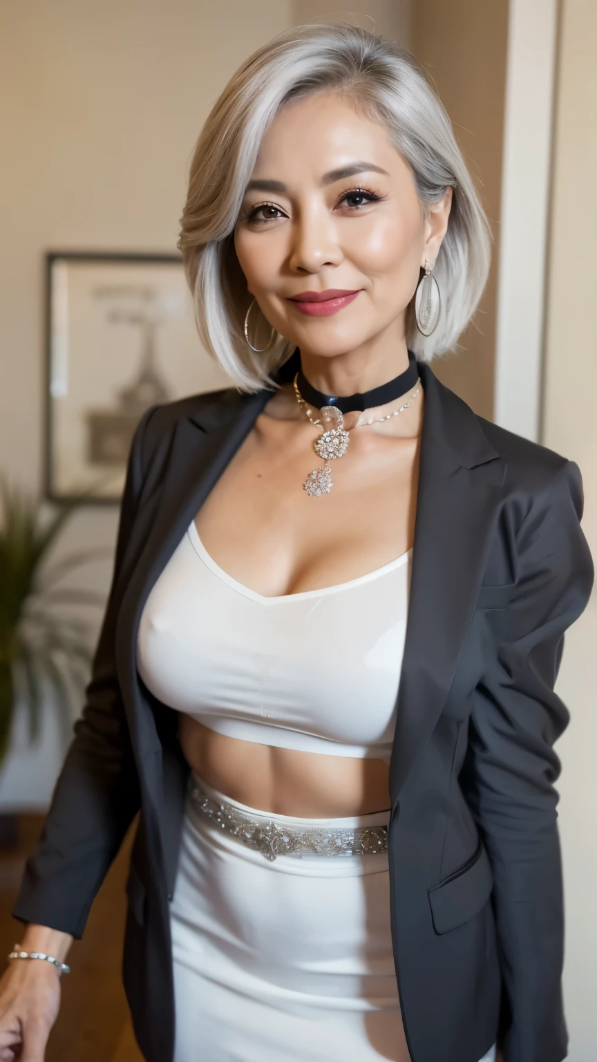 75 years old mom milf Korean, Lady large earring Big choker navel piercing decoration A bracelet Silver Hair realisitic Gorgeous Madame Beautiful Mature Woman sexly Smile Gentle woman navel piercing 4K High quality gorgeous madam beautiful mature woman belt