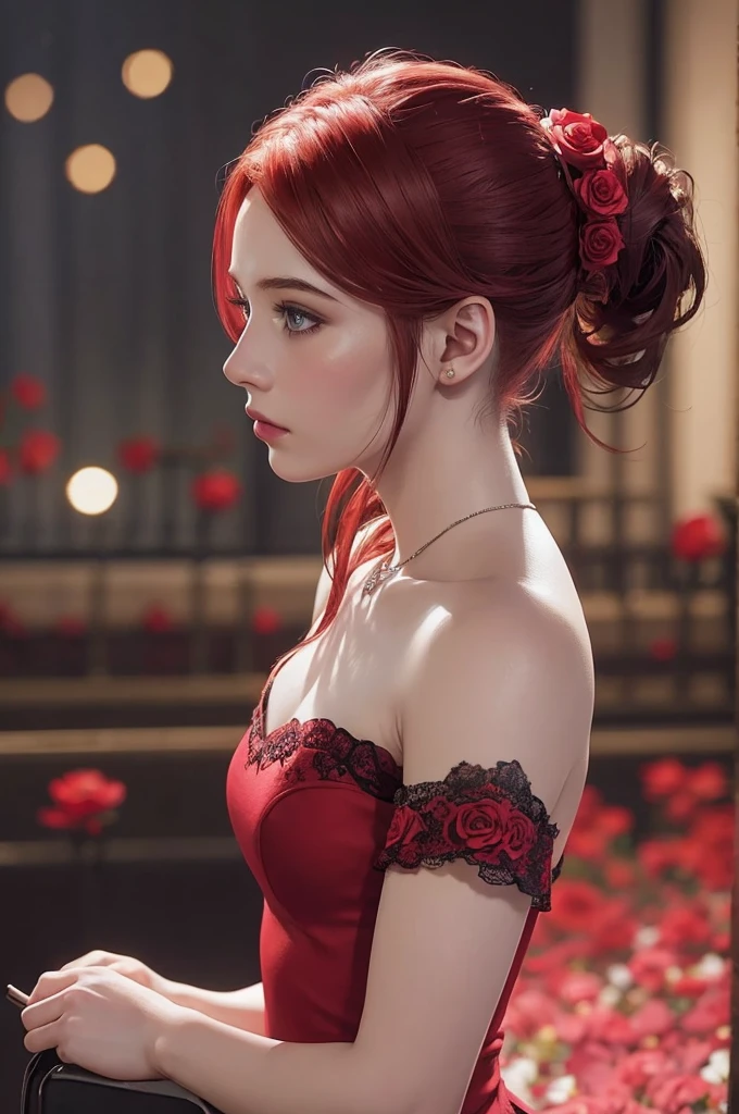 girl , 1solo, ponytail hairstyle ,Auburn-red-hair , hold flowers , digital painting, dramatic lighting, ultra realistic, smooth, soft 8k, art , blur backgrond, wearing dress, hold pink roses ,black background , bokeh, roses , botanique , look at view, roses