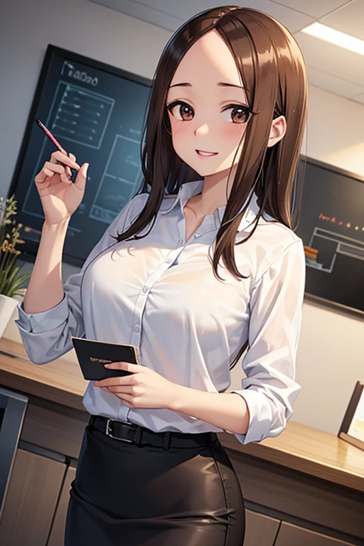 Takagi-san、Shiny brown hair, Long Hair,((Medium chest、Forehead、Center part))、 Beautiful brown eyes、smile、Sparkling eyes, (fine grain)、Very fine eye、Highly detailed face, Highly detailed eyes, Cowboy Shot、 


1 Woman Standing, /(casual shirt/) (Black Pencil Skirt:1.1) /(ID card strap/), 
Mature Woman, /Big Breasts、Moaning, Release your lips, blush, sexy,
 (Masterpiece Top quality:1.2) Delicate illustration super detailed BREAK /(Modern office indoors/), Skyscraper with windows