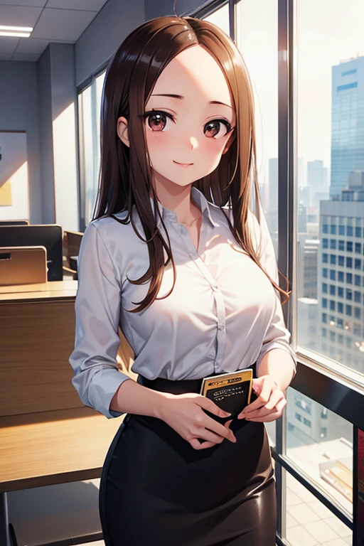 Takagi-san、Shiny brown hair, Long Hair,((Medium chest、Forehead、Center part))、 Beautiful brown eyes、smile、Sparkling eyes, (fine grain)、Very fine eye、Highly detailed face, Highly detailed eyes, Cowboy Shot、 


1 Woman Standing, /(casual shirt/) (Black Pencil Skirt:1.1) /(ID card strap/), 
Mature Woman, /Big Breasts、Moaning, Release your lips, blush, sexy,
 (Masterpiece Top quality:1.2) Delicate illustration super detailed BREAK /(Modern office indoors/), Skyscraper with windows