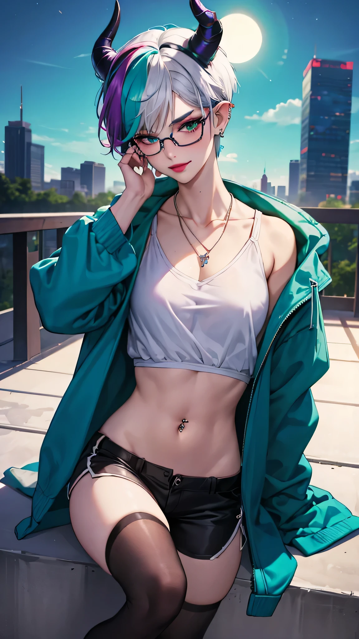 8k, masterpiece, best quality, highly detailed, 1 girl, tiefling, warlock, pixie cut, multicolored hair, very short straight hair green highlight hair on white hair, strippled hair, wearing glasses, round glasses, sexy, earrings, navel piercing, red eyeshadow, long eyelashes, blushed cheek, red lips, necklace, rings, collarbone, mole on face, glamorous, wearing large jacket, teal clothing, purple clothes, smirk, halfbody view, rings, looking at viewer, demon horns, solo, city, nighttime, sitting, white shirt, sneakers, short pants, black legging, athletic. 