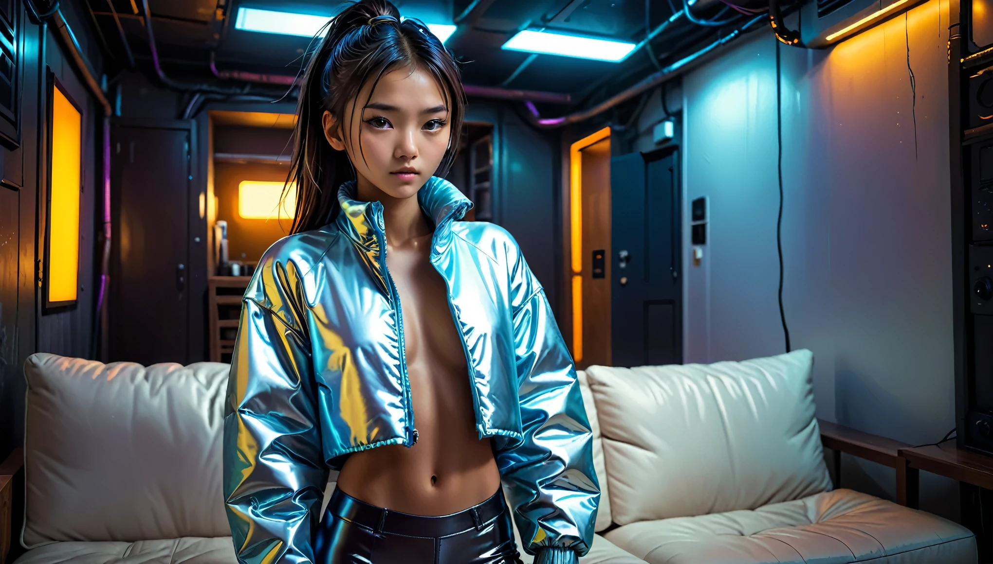 Top Quality, Masterpiece, High Resolution, 8k, (cute skinny barely legal girl ((((in oversized loose shiny puffer crop shirt with deep cleavage, deep neckline)))) and wetlook leggings, ((small perky breasts)), beautiful detailed eyes, beautiful detailed lips, small closed mouth, extremely detailed face, tanned skin, long slick ponytail hair, small hips, some tattoos, very young girl, asian girl), (((in cyberpunk apartment, random pose next to a couch))), moody atmosphere, random dramatic and neon colors, futuristic setting, intricate details, at night, backlit, full body shot