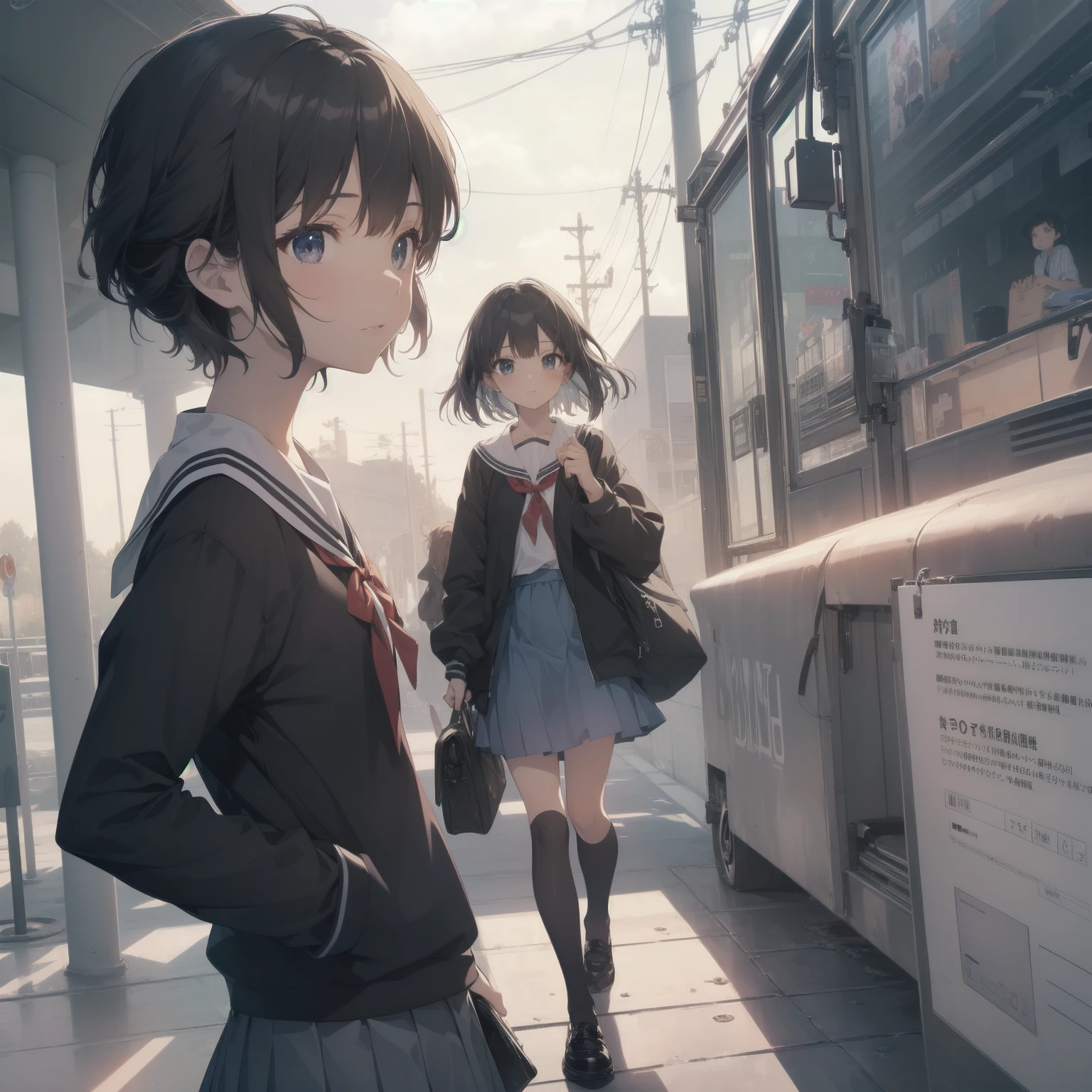 ultra-absurdres-Top quality by artist God, ultra-detailed, high resolution, anime moe artstyle, best anime 8k konachan wallpaper, pixiv contest winner, pool:2810, perfect anatomy,break, 1girl, (Please draw a girl walking sleepily to school alone. )break,(Solo,little female, 13-year-old:1.3),Full limbs, complete fingers,a junior high school student, (very short hair), short cut, flat chest, , small butt, small black eyes, beautiful detailed eyes, well-proportioned iris and pupils, expressive eyes, highres detailed hair, soft expression, salor school_uniform, sailor collar, serahuku, bow, pleated skirt,(Detailed Lighting), (Detailed background), in the School commute route. break,super detailed skin, Best cinematic lighting powered by famous artist, 8k,beauty illustration,photoshop_(medium),very aesthetic,break,((artist:mizumizuni )), artist:clamp ,artist:carnelian ,artist:kantoku ,