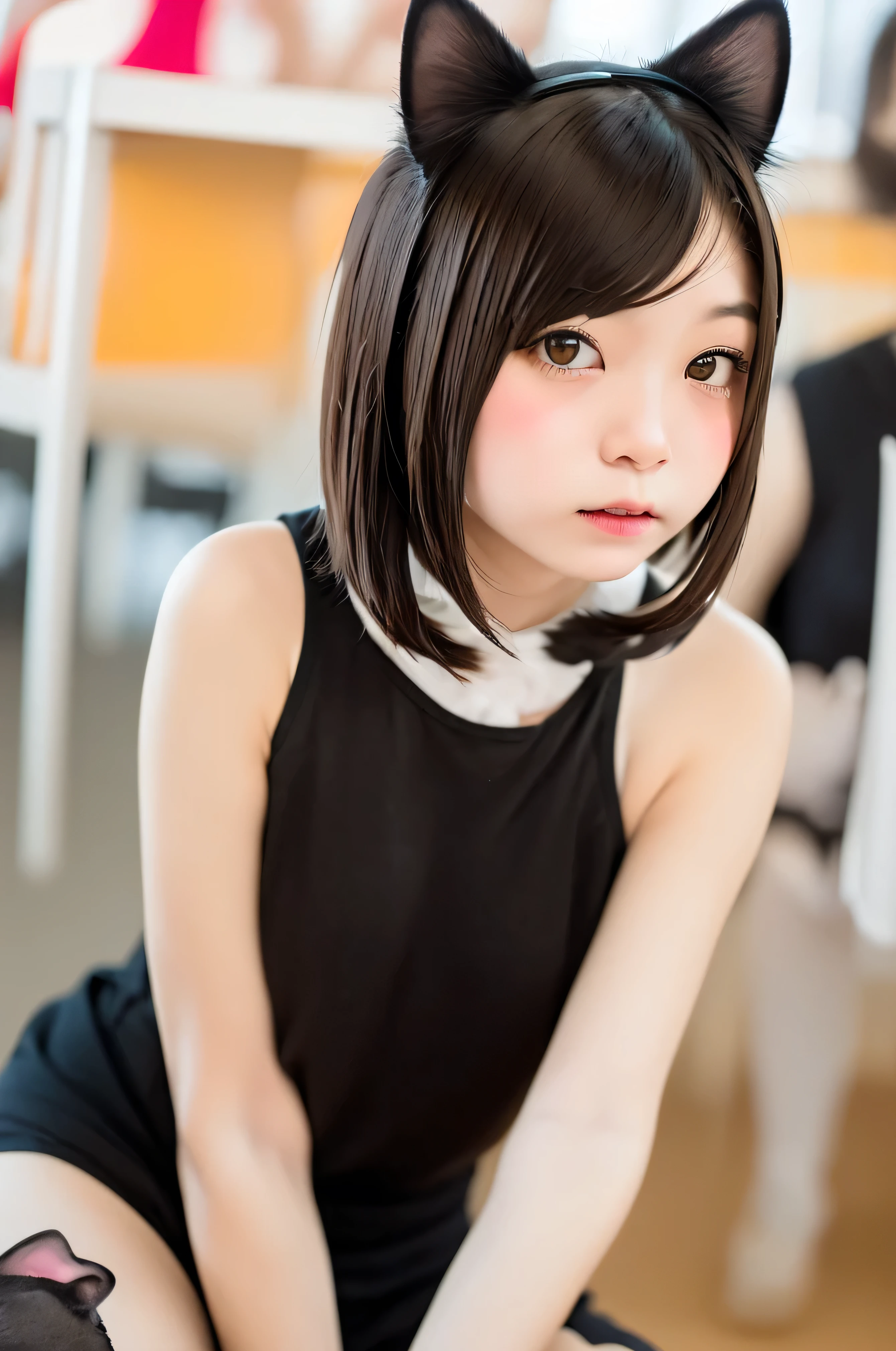 masterpiece, Bokeh, (Cat ear:1.4), Sitting on the beach at sunset, Looking at the audience, office lady, pantyhose,(masterpiece, Highest quality, It captures a very cute moment, Depth of written boundary, Super detailed, Ultra-high resolution, C4D, Octadale, 3D Modeling,Realistic human photos、 8k, 16K, One Girl,Middle school students, 、Small breasts,Black Hair,short hair,Straight Hair,Light brown eyes,Cute Face), Bloomers, Black tank top, zettai ryouiki, Wet clothes,Classroom Nights,Moonlight, Good elevator, Take off、Real-life skin、Not an anime、Realistic、