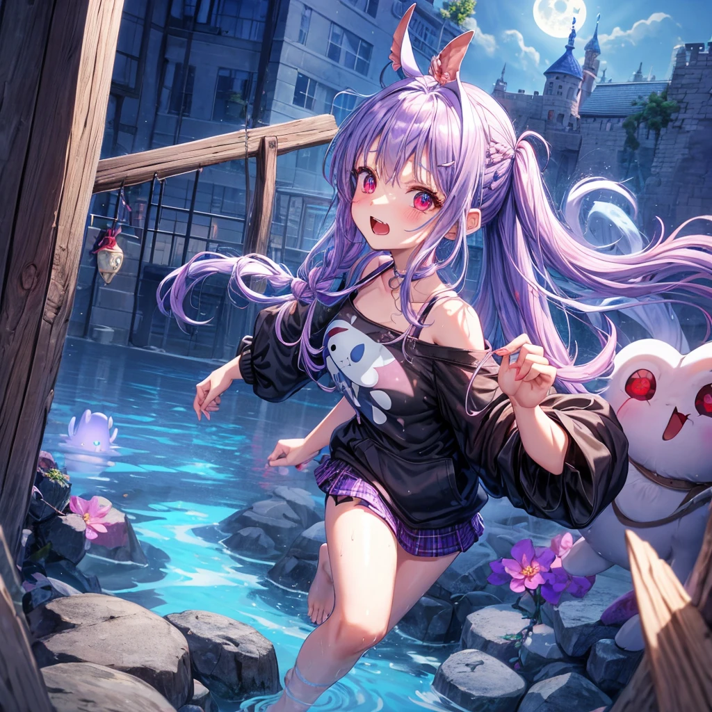 Blue-light purple hair、Red eyes、Braid、One cute girl、solo、And soul、Light clothing、Checked mini skirt、petal、Wet hair、black t-shirts、Rabbit Hoodie、large tree、cloud、Red full moon、desert、barefoot、Stones are piled up、Teeth are visible、Secret Treasure、Fortress City、Tilting face、hourglass