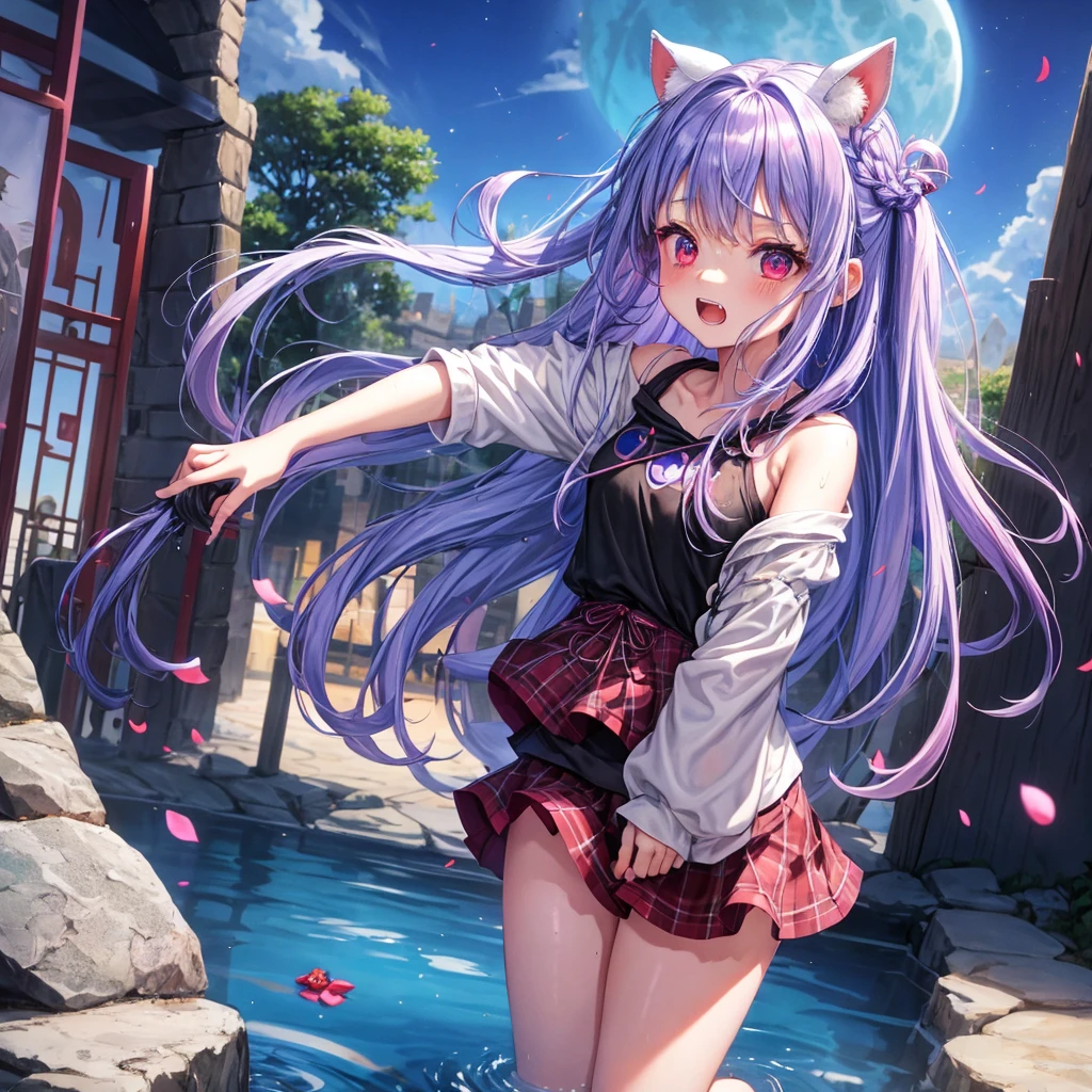Blue-light purple hair、Red eyes、Braid、One cute girl、solo、And soul、Light clothing、Checked mini skirt、petal、Wet hair、black t-shirts、Rabbit Hoodie、large tree、cloud、Red full moon、desert、barefoot、Stones are piled up、Teeth are visible、Secret Treasure、Fortress City、Tilting face、hourglass