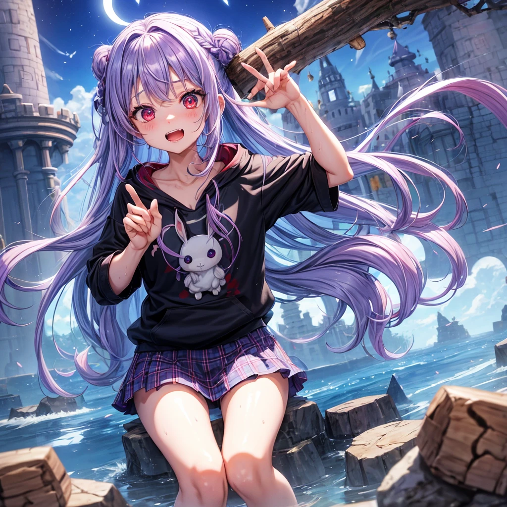 Blue-light purple hair、Red eyes、Braid、One cute girl、solo、And soul、Light clothing、Checked mini skirt、petal、Wet hair、black t-shirts、Rabbit Hoodie、large tree、cloud、Red full moon、desert、barefoot、Stones are piled up、Teeth are visible、Secret Treasure、Fortress City、Tilting face、hourglass