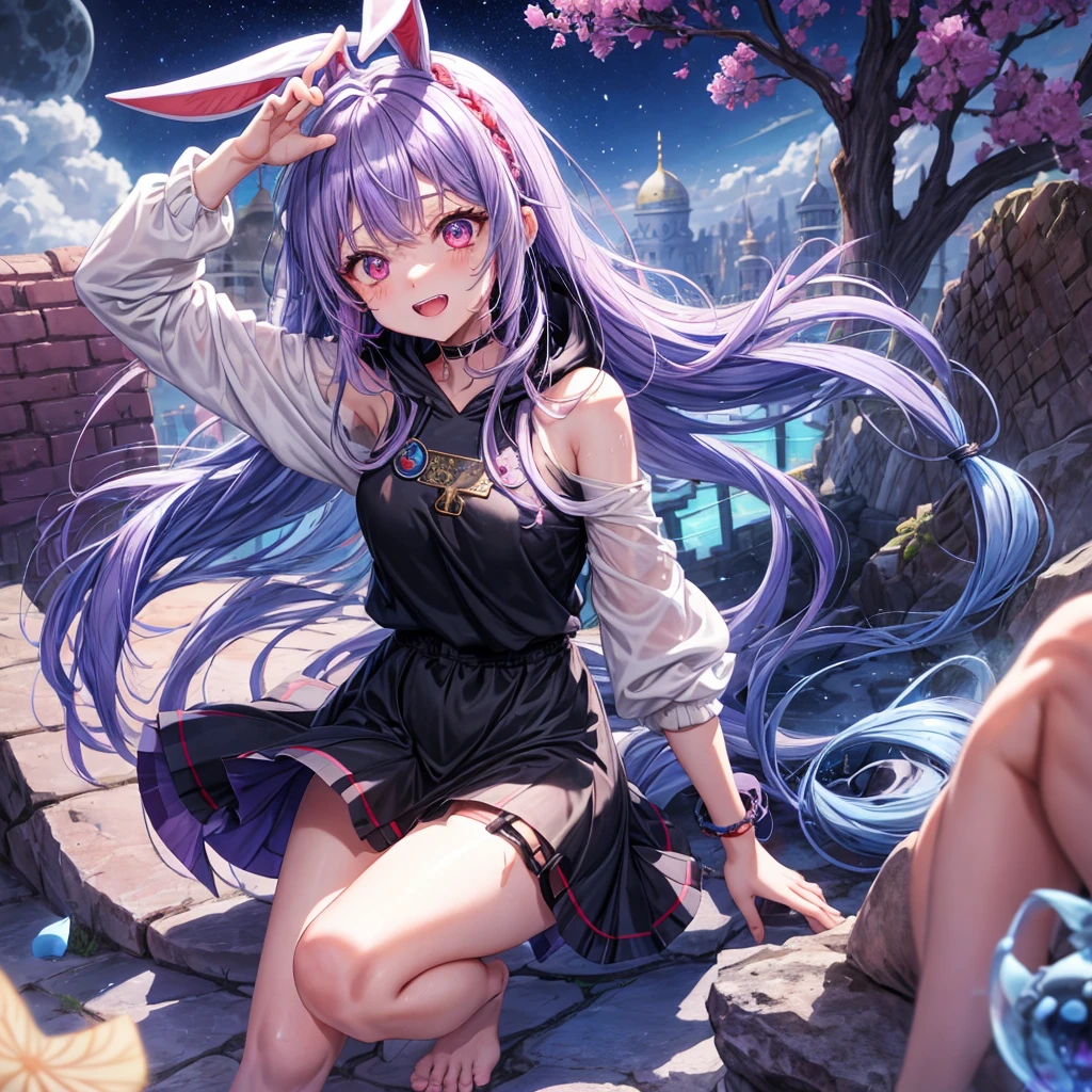 Blue-light purple hair、Red eyes、Braid、One cute girl、solo、And soul、Light clothing、Checked mini skirt、petal、Wet hair、black t-shirts、Rabbit Hoodie、large tree、cloud、Red full moon、desert、barefoot、Stones are piled up、Teeth are visible、Secret Treasure、Fortress City、Tilting face、hourglass