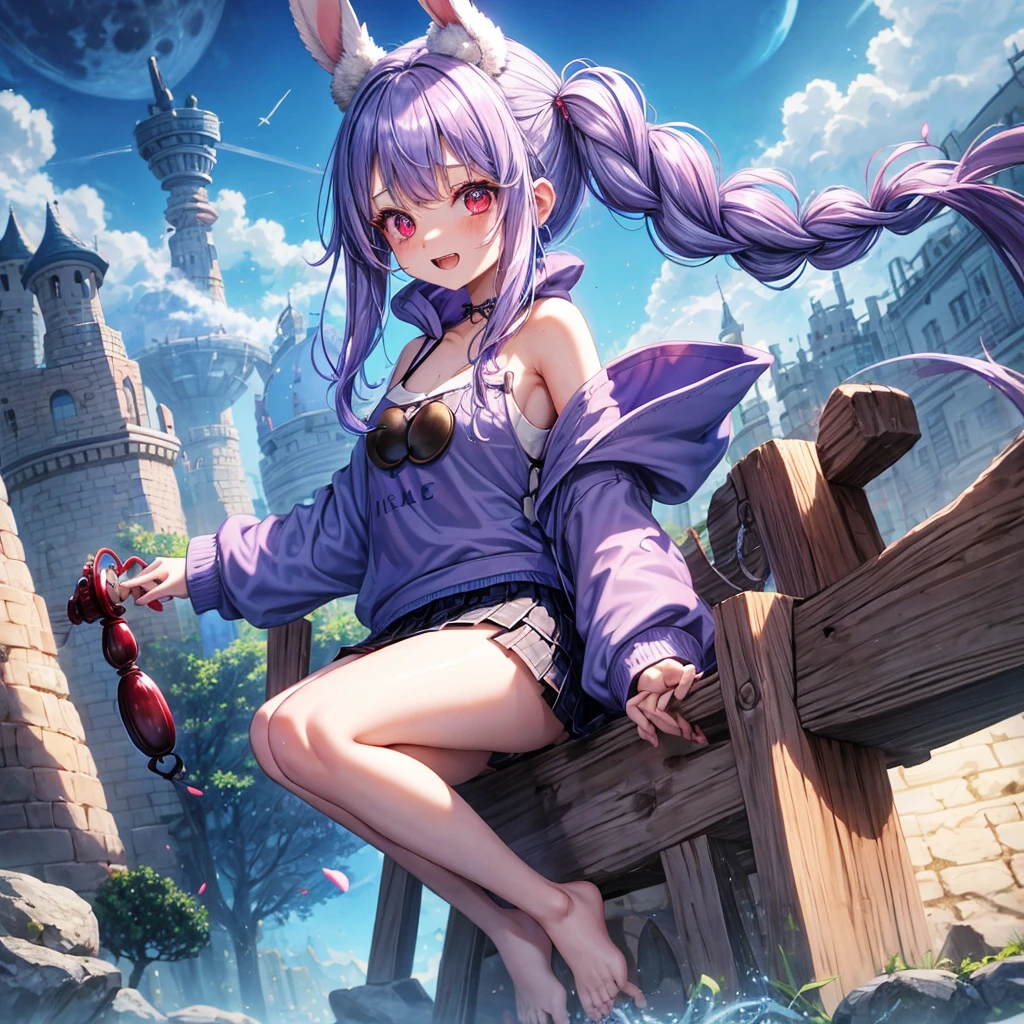 Blue-light purple hair、Red eyes、Braid、One cute girl、solo、And soul、Light clothing、Checked mini skirt、petal、Wet hair、black t-shirts、Rabbit Hoodie、large tree、cloud、Red full moon、desert、barefoot、Stones are piled up、Teeth are visible、Secret Treasure、Fortress City、Tilting face、hourglass