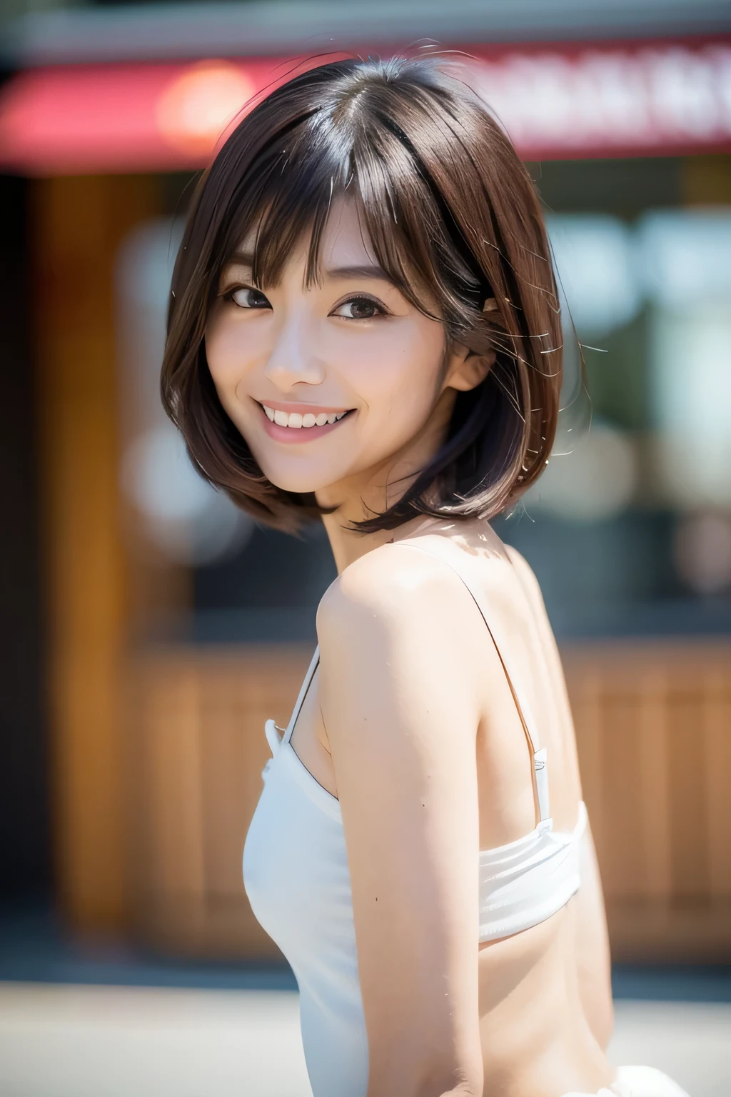 (Hyper Reality: 1.35), (Realistic: 1.4), A beautiful Japanese woman, smile, alone. (((No makeup))), masterpiece, 最high quality, high quality, alone, Very good, puberty, Only one girl, ((Perfect body)),((最high quality)),((Hello)),((Very delicate and beautiful)),((Very shallow depth of field)), family friendly, ((Very delicate and beautiful)), (((Very shallow depth of field))), (((Unbelievably absurd))), (((Perfect body))), dark brown hair, blowing boyish bob hair, shag messy hair, wolf cut, big hair, Slim body type, (((small ))), (((A happy and wonderful smile))), poor, my + background, Dynamic Angle, Focus on the woman's eyes, {Particles of light}, Detailed background, Soft lighting, (dramatic), sunset, very beautiful sunset, Live Action, Realistic, cute smile, (blurred background), ((())),, ((wind)), ((Movement)), ((emotion)), ((colorful)), ((Baby Face:1.4)), ((Beautiful Teeth)), Wither, sea background, (((nsfw:1.3))), (((BDSM:1.3))), Very fair skin, ((super extra enormous breast:1.4)),(((cleavage:1.4))), (((Cowboy Shot))), ((Micro bikini with less fabric)), (((Small face))), Thighs are included in the composition