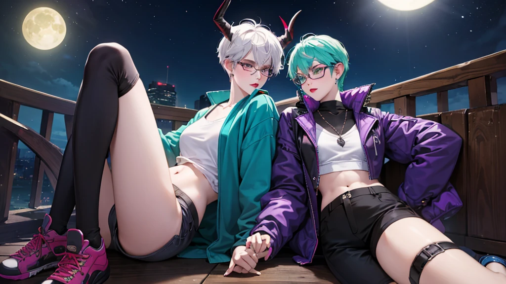 8k, masterpiece, best quality, highly detailed, 1 girl, tiefling, warlock, pixie cut, multicolored hair, very short straight hair green highlight hair on white hair, strippled hair, wearing glasses, round glasses, sexy, earrings, navel piercing, red eyeshadow, long eyelashes, blushed cheek, red lips, necklace, rings, collarbone, mole on face, glamorous, wearing large jacket, teal clothing, purple clothes, smirk, halfbody view, rings, looking at viewer, demon horns, solo, city, nighttime, sitting, white shirt, sneakers, short pants, black legging, athletic.