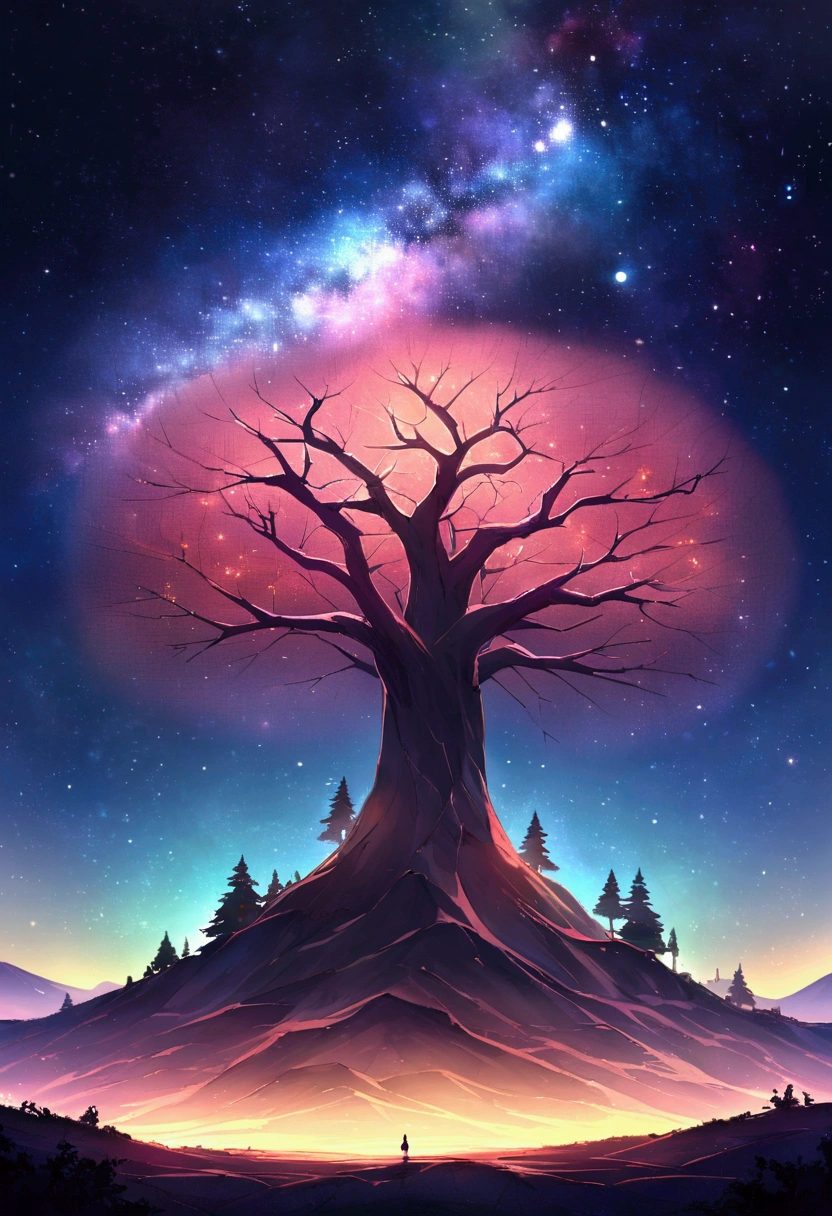 A single, leafless, straight tree on a barren, dry plateau。In the background there is a universe with many stars。A colorful and artistic world。No people。Landscape only。