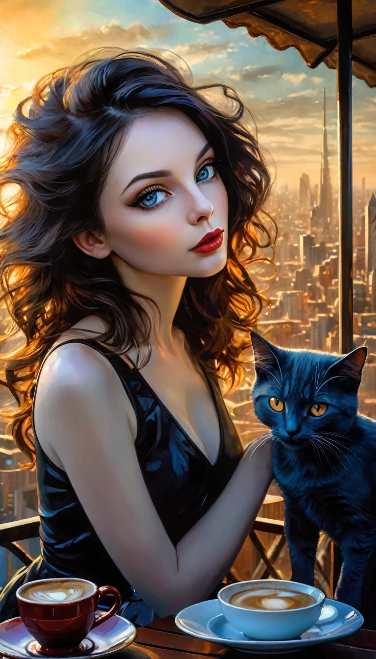 very sexy girl drinks coffee with her pet cat, on a terrace overlooking a futuristic city, sunrise, eroticism, sexy,sex sex sex (best quality,4k,8k,highres,masterpiece:1.2),ultra-detailed,(realistic,photorealistic,photo-realistic:1.37),intricate details,vivid colors,sharp focus,professional,Dave McKean artwork, oil touch of surrealism,oil painting style,portrait,woman,beautiful detailed eyes,beautiful detailed lips,dreamlike atmosphere,shadow play,soft lighting,playful pose,dark hues,ethereal background,fantasy elements,texture,layered composition.