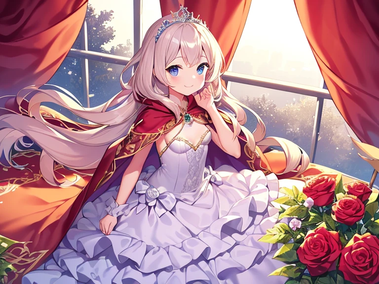 (best quality),(rococo style),(long train pastel pink cape:1.15), very long cape,(long train white ball gown with flower decorations:1.1), a girl is wearing a cape over her gown, 1 little princess, tiara, smile, very long hair, small breasts, looking at viewer